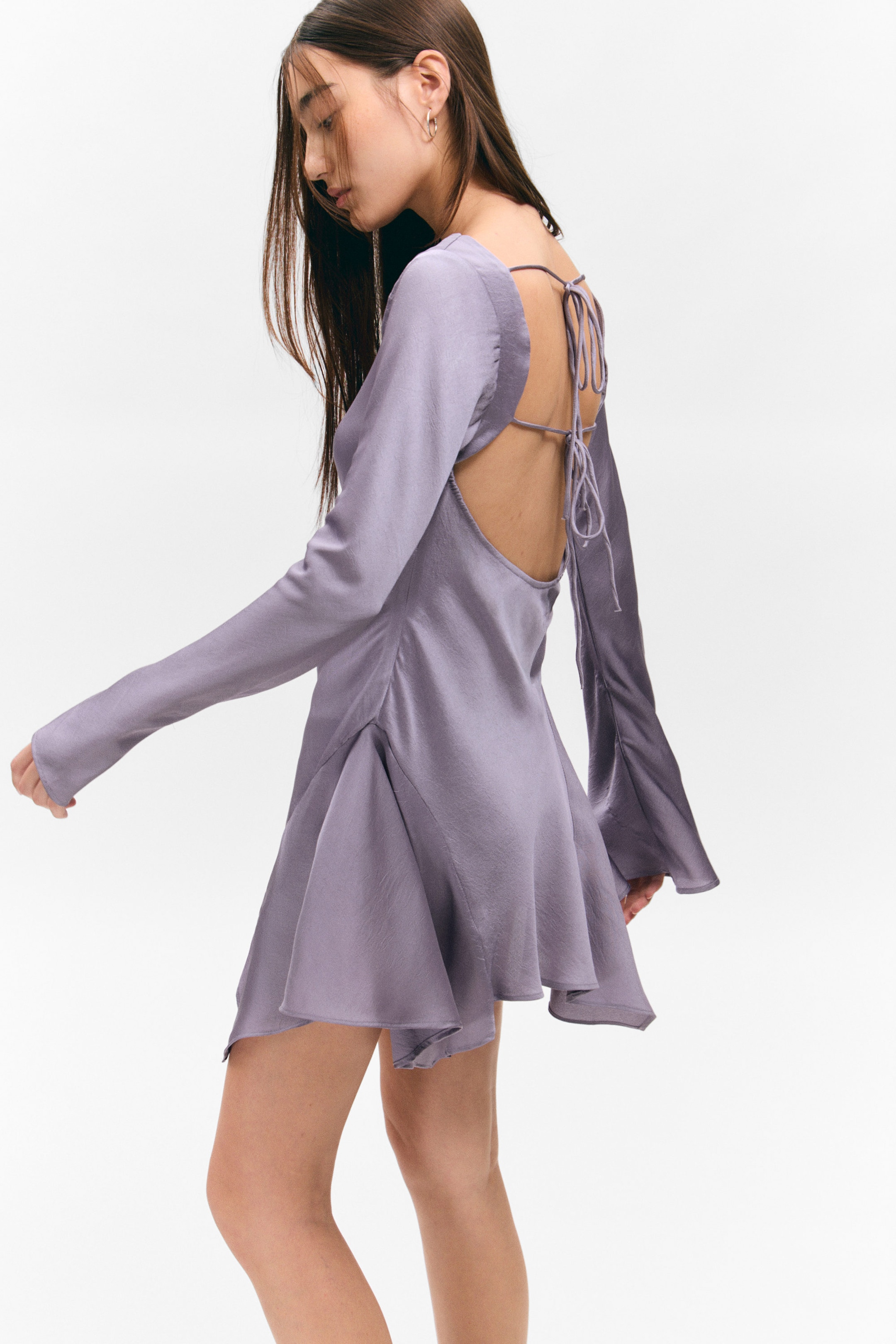 Lilac - Long-Sleeved Asymmetric Satin Mini Dress - 3