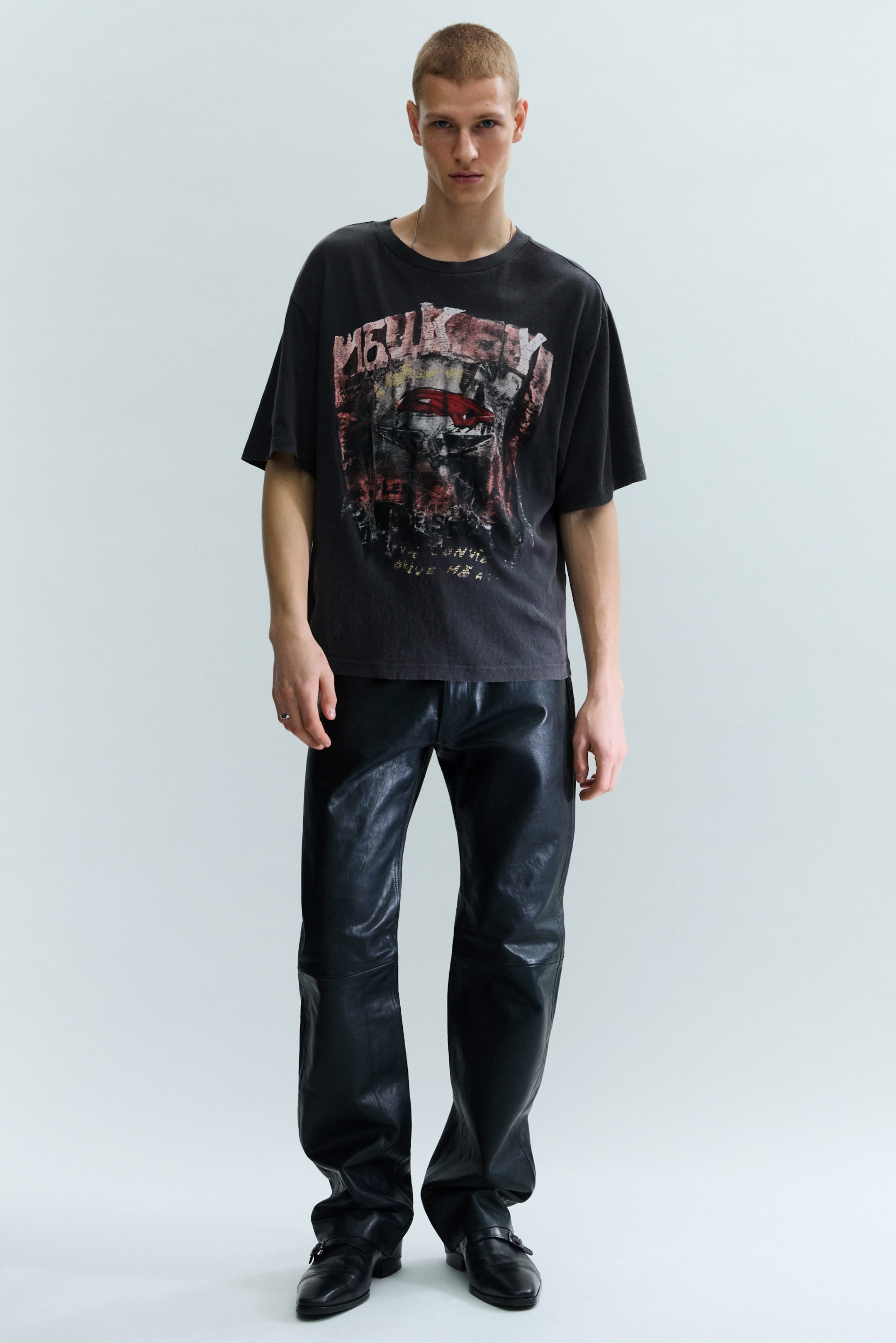 Dark Grey - Rock ’n’ roll - Distressed Printed Short-Sleeved T-shirt - 2