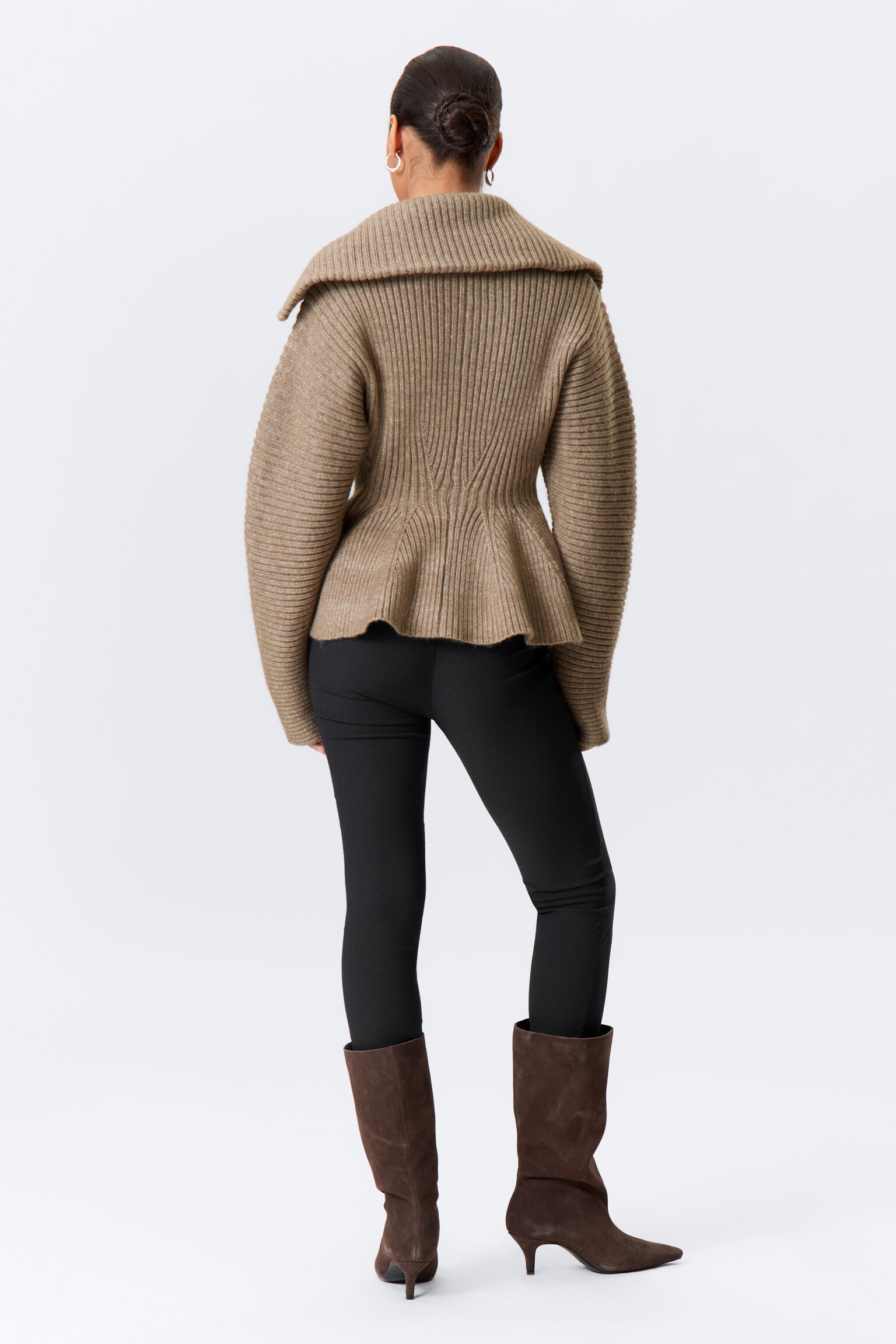 Rib Knit Peplum Zip Sweater - Dusty Mole/White - 4