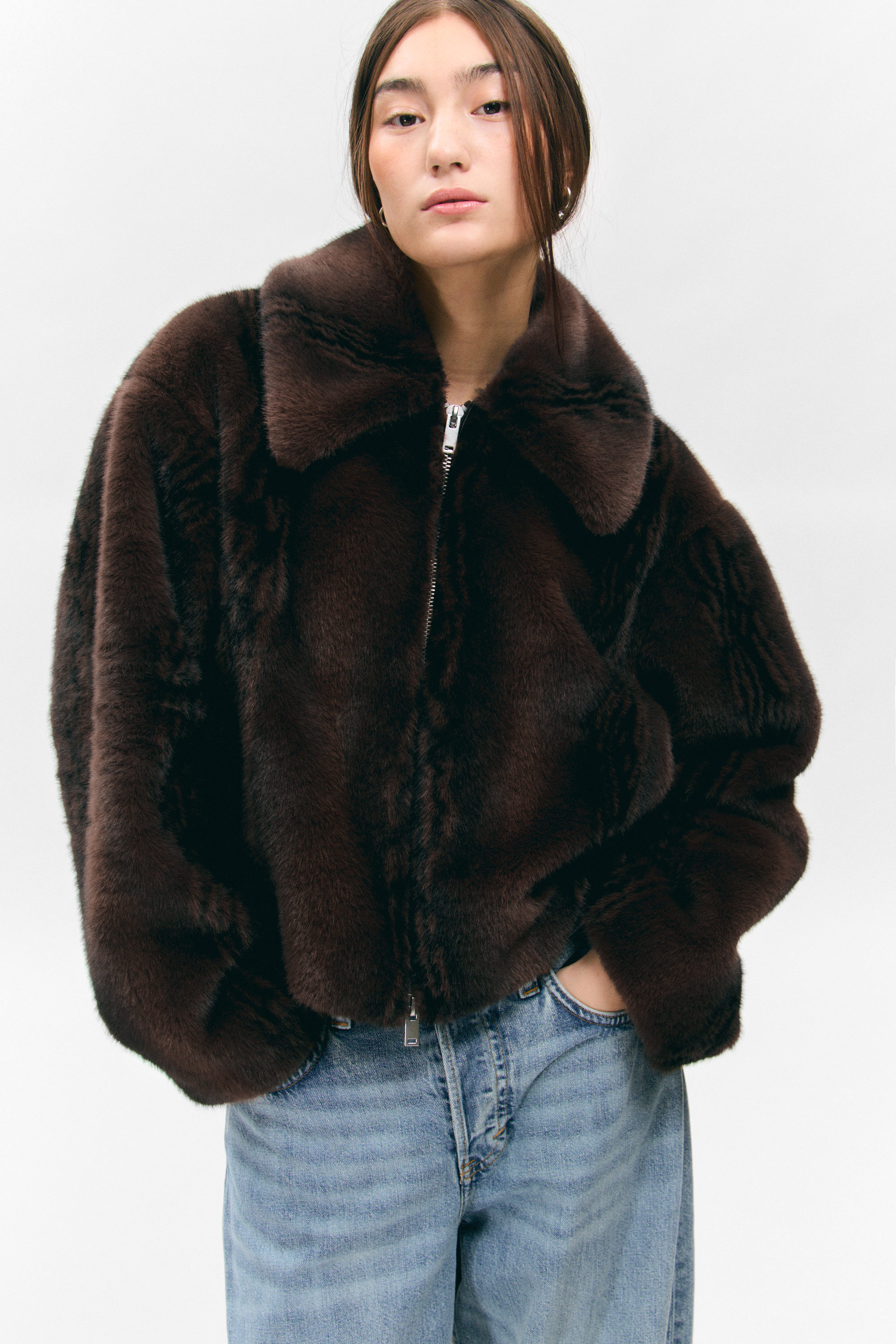 Dark Brown - Faux Fur Zip Jacket - 2