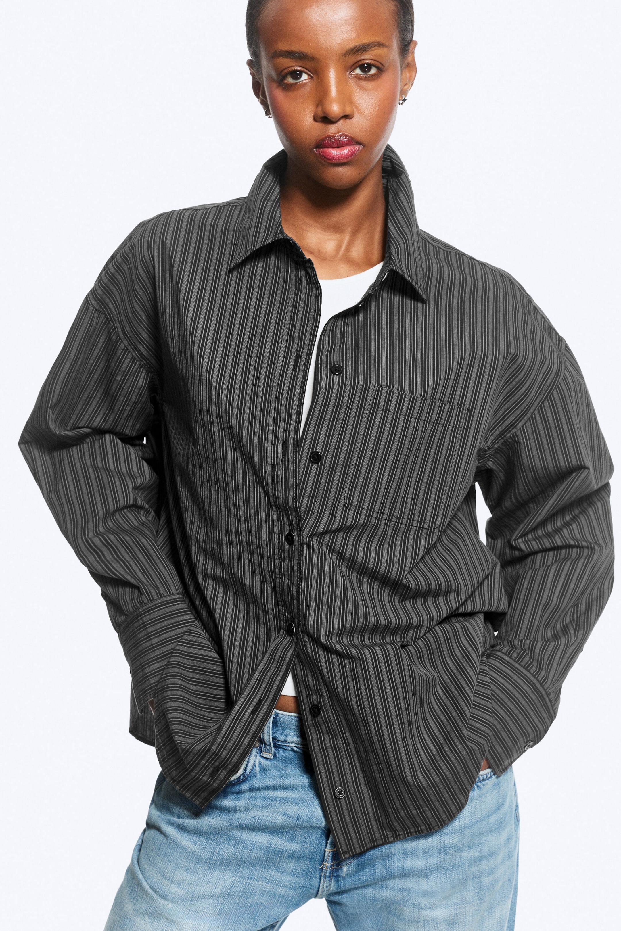 Striped Black - Oversized långärmad bomullsskjorta - 0