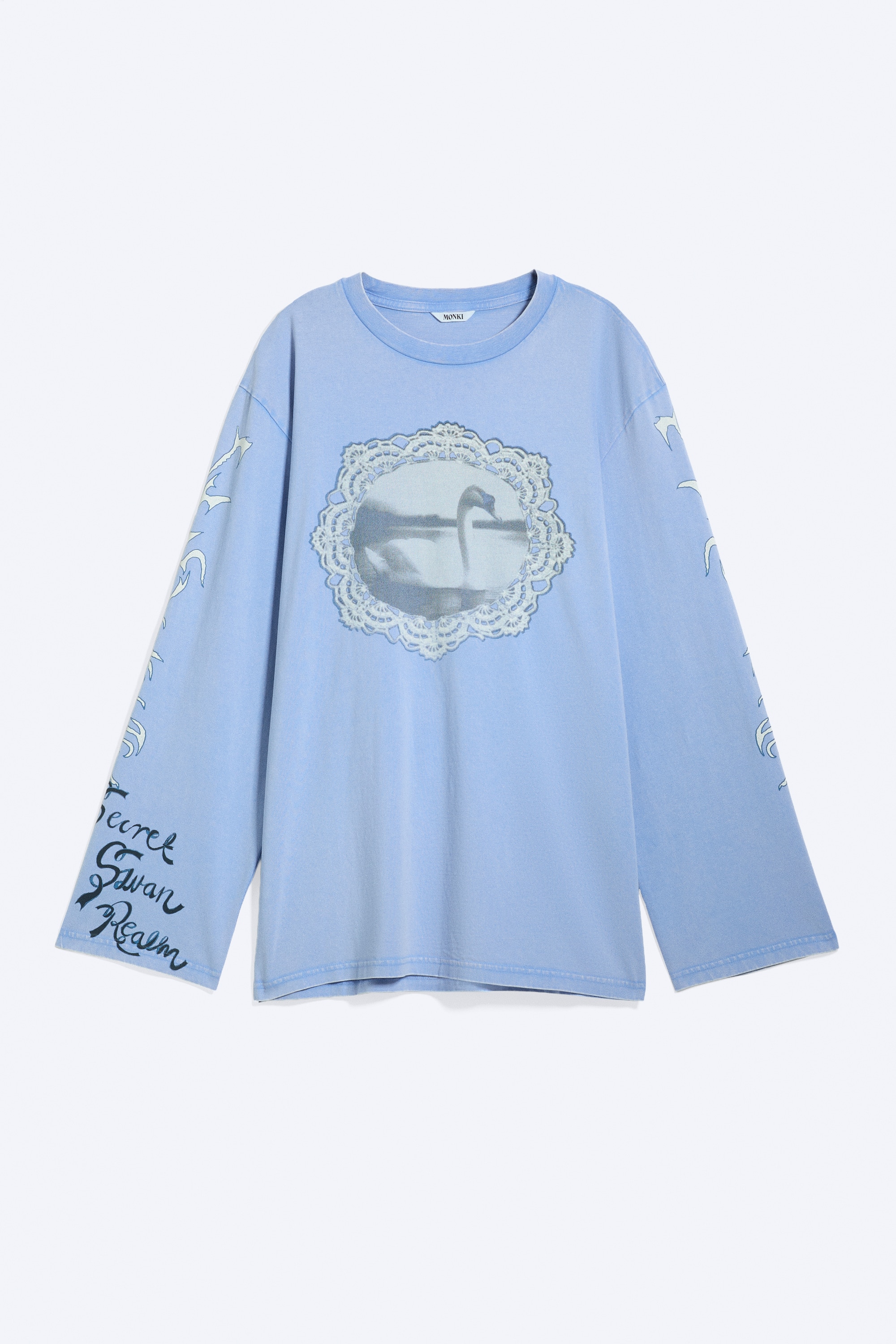 Printed Long-Sleeved Cotton T-shirt - Medium Blue - Swan/Printed Light Pink
