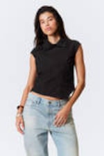 Black - Cap-Sleeved Asymmetric Ripstop Top - 0