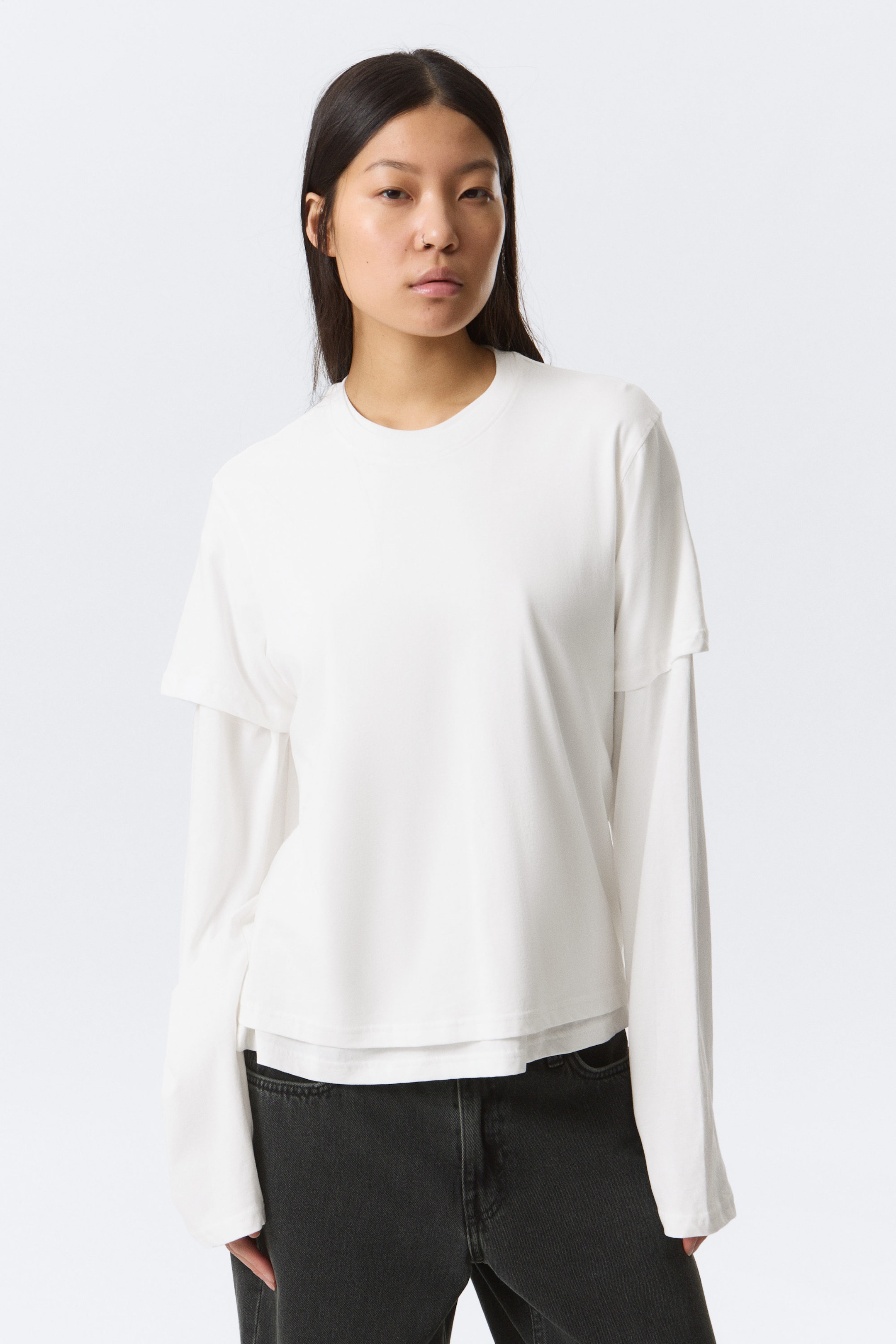 White - Layered Long-Sleeved Cotton T-shirt - 1