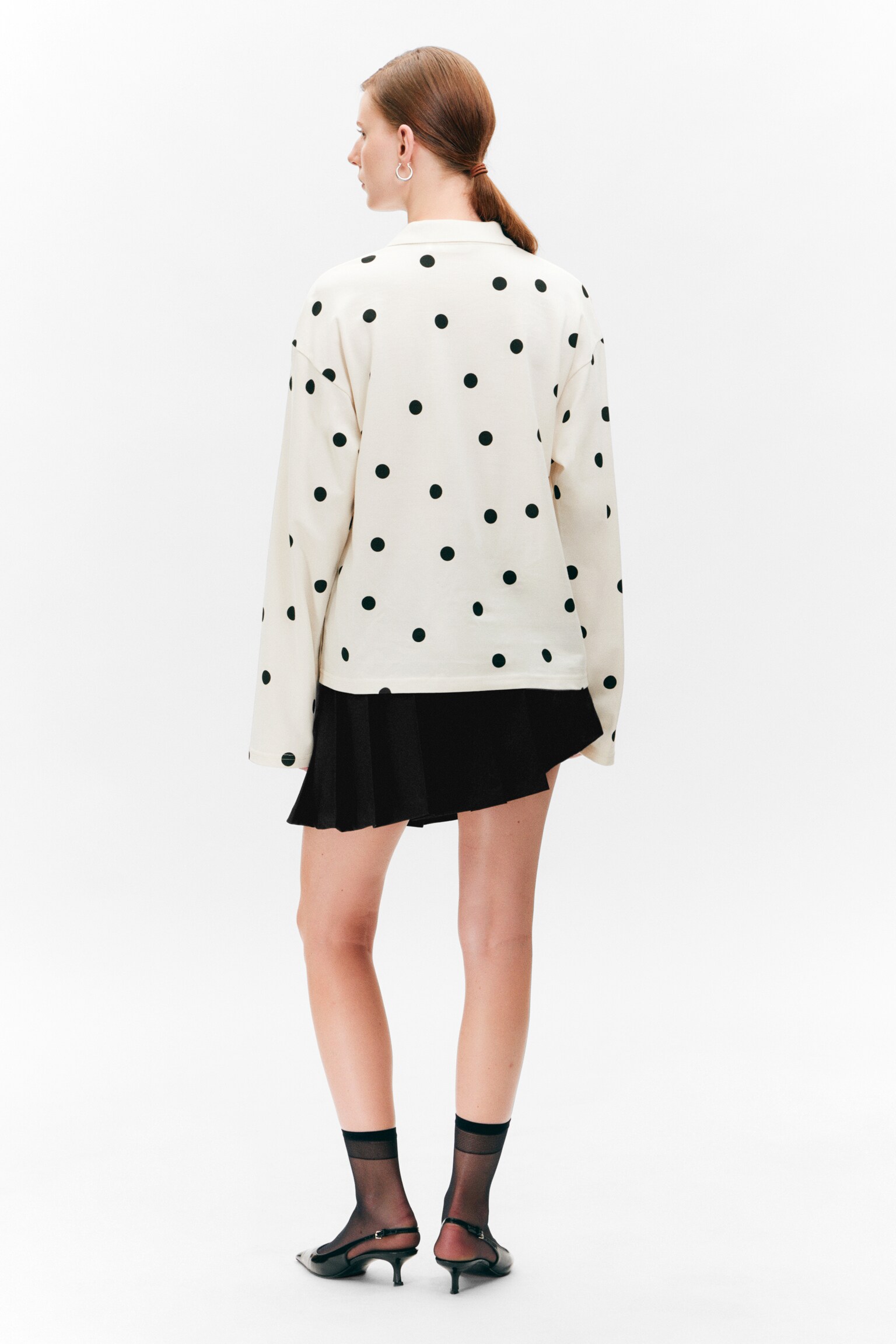 Long-Sleeved Cotton Polo Top - White - Black Dots/Striped Light Pink - 3