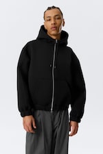 Black - Loose High-Neck Scuba Zip Hoodie - 0