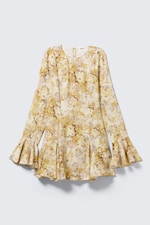 Yellow Floral Print - Slim Long-Sleeved Mini Flounce Dress - 4
