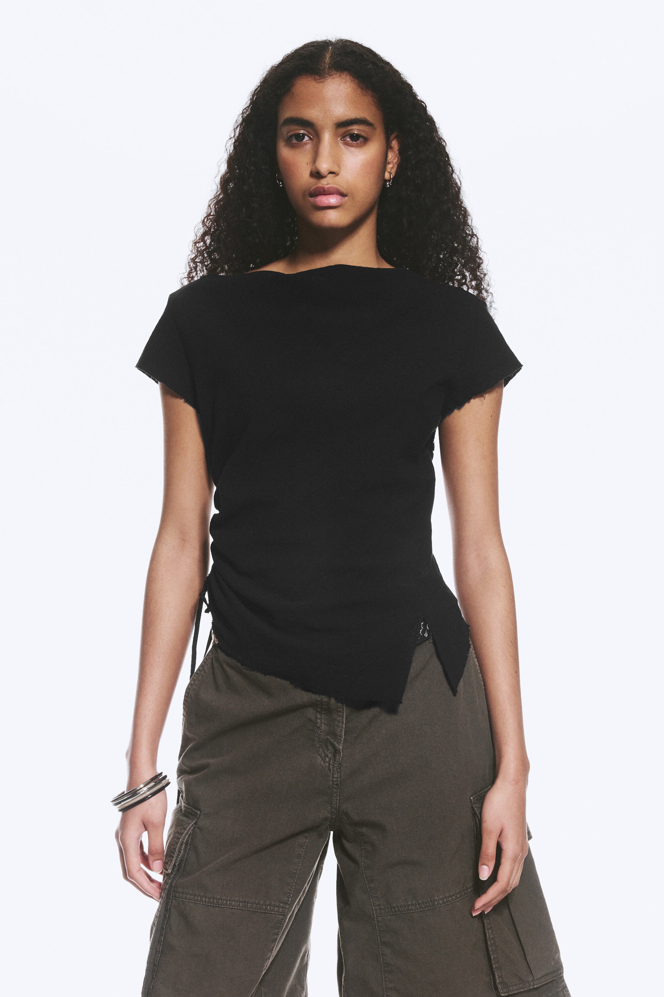 Black - Ruched Short-Sleeved Top - 1