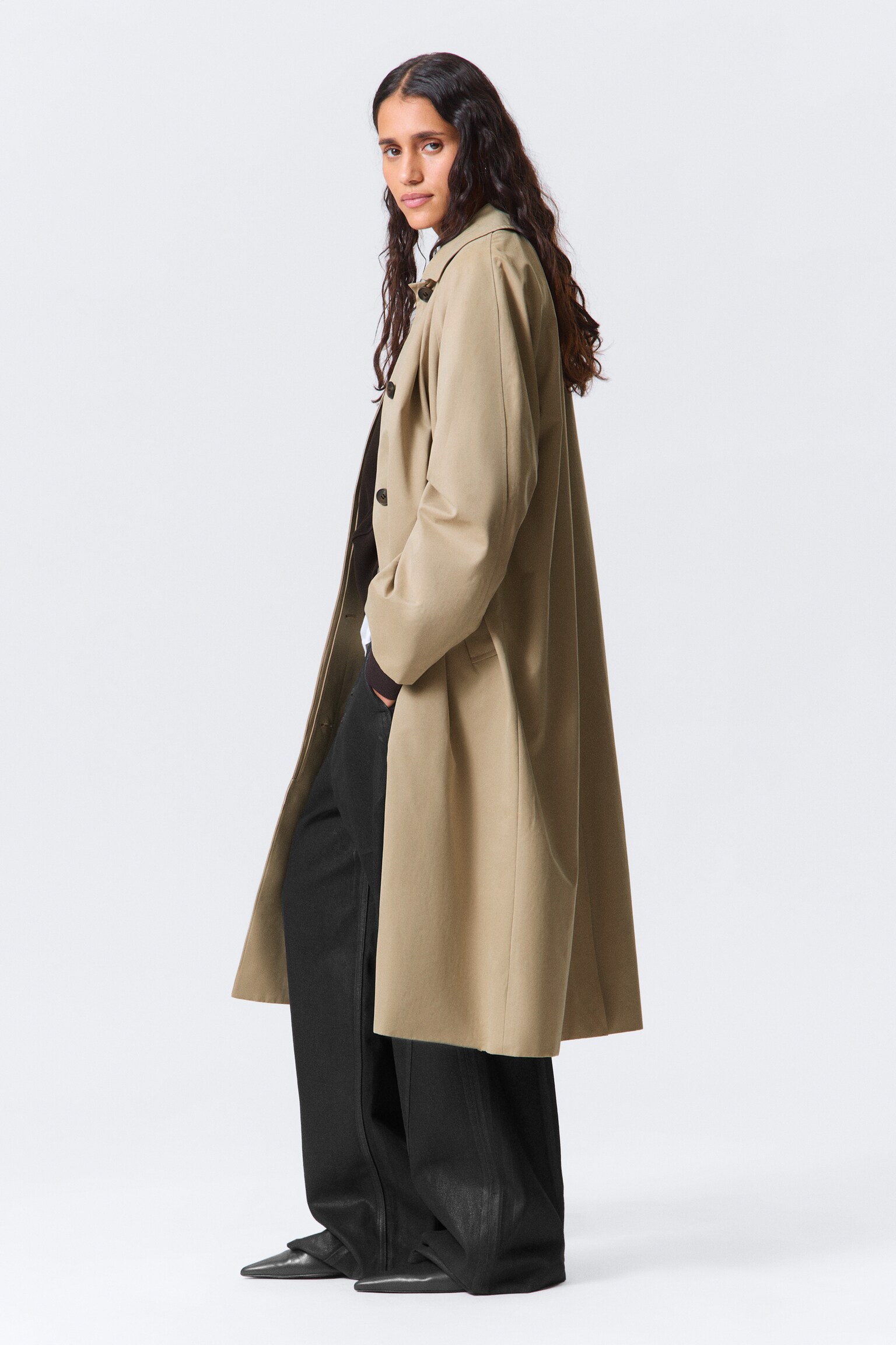 Single-Breasted Oversized Car Coat - Beige - 5