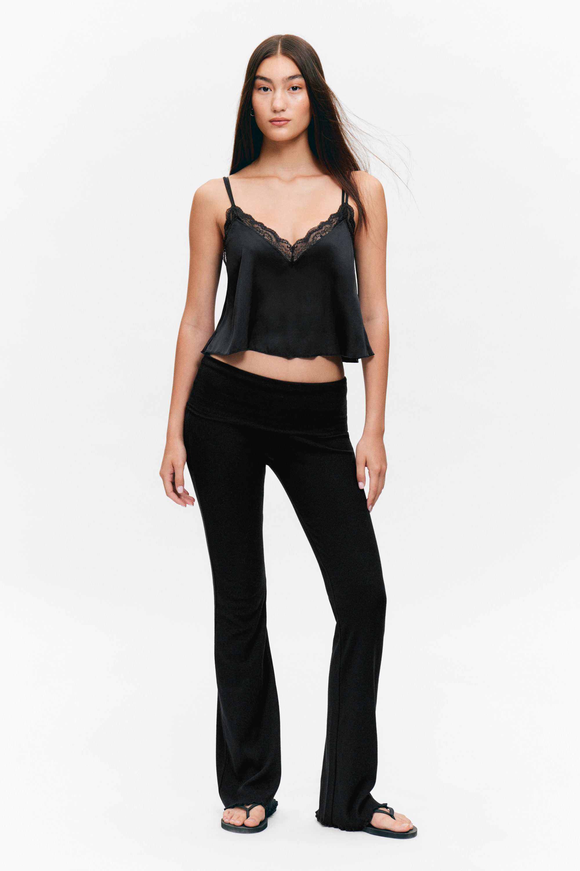Black - Ribbed Fold-over Waist Flared Trousers - 2