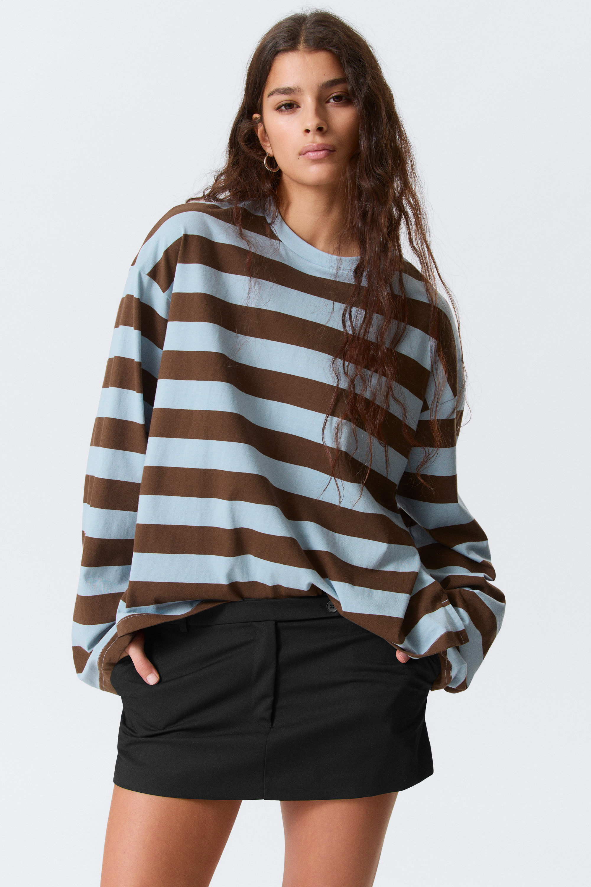 Blue/Brown Stripe - Long-Sleeved Cotton T-shirt - 0