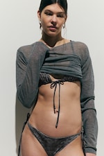 Printed Dark Grey - Strappy Tie Bikini Bottoms - 3