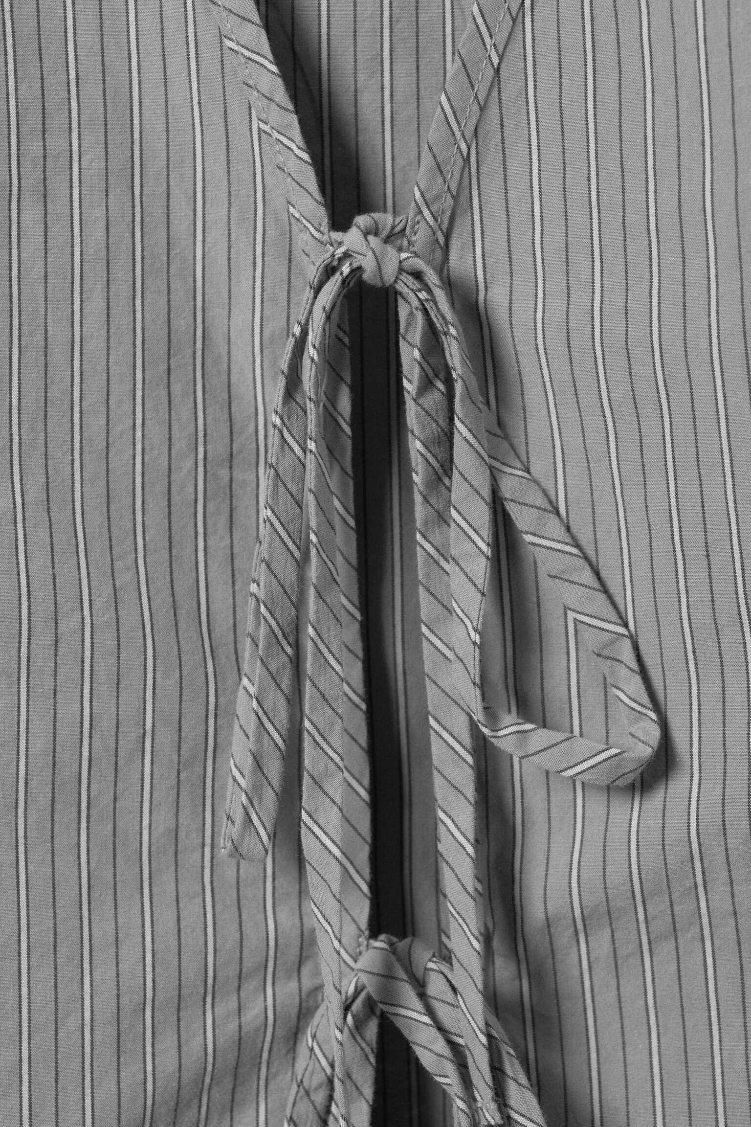 Tie-Front V-neck Cotton Blouse - Striped Grey/Checked Blue - Bleach Effect - 2