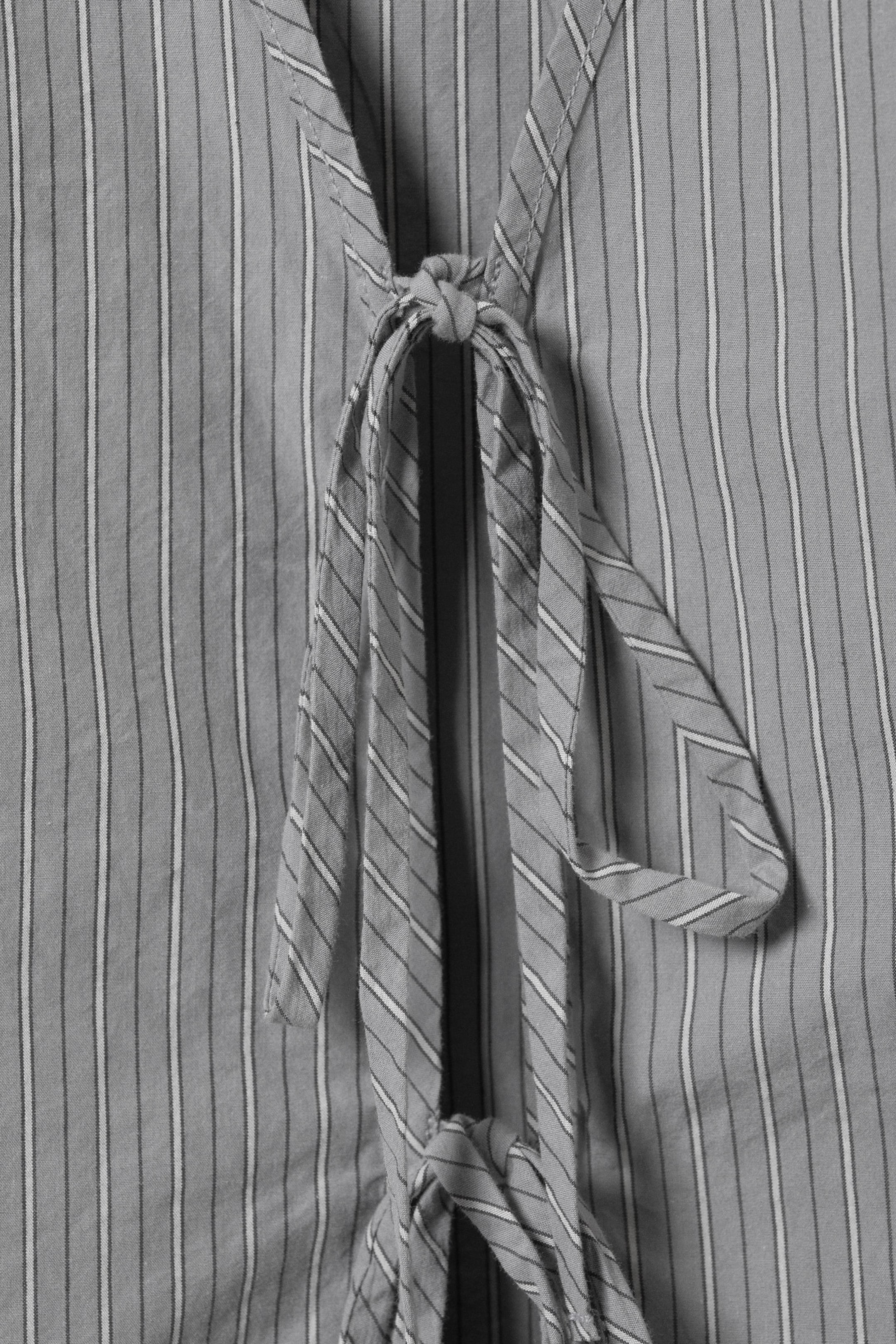 Striped Grey - Tie-Front V-neck Cotton Blouse - 5