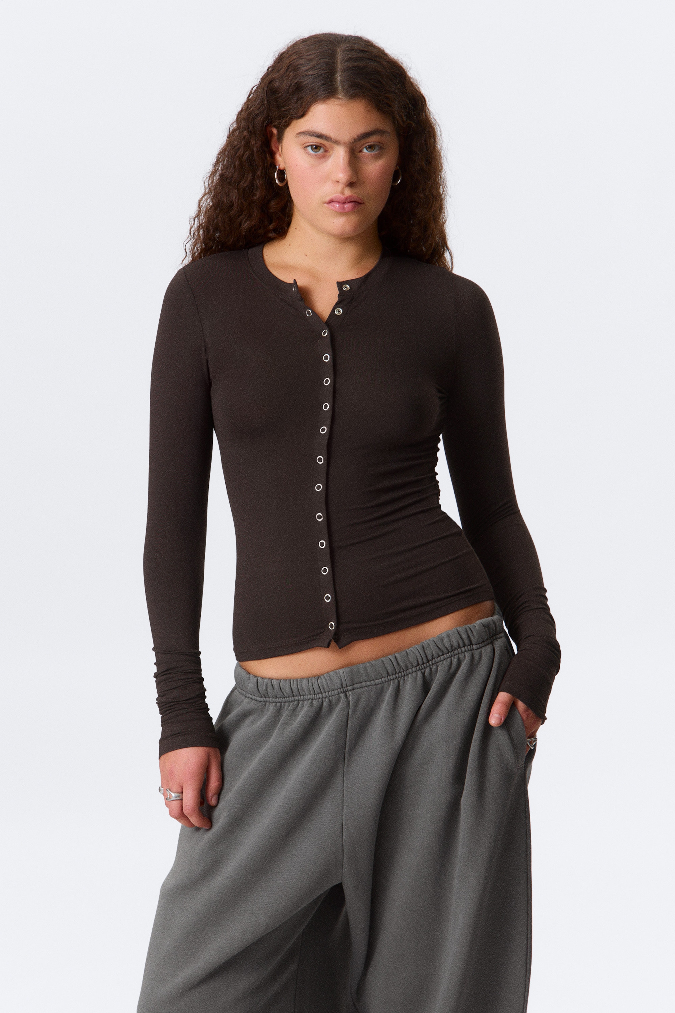 Dark Brown - Slim Long-Sleeved Buttoned Cardigan - 1