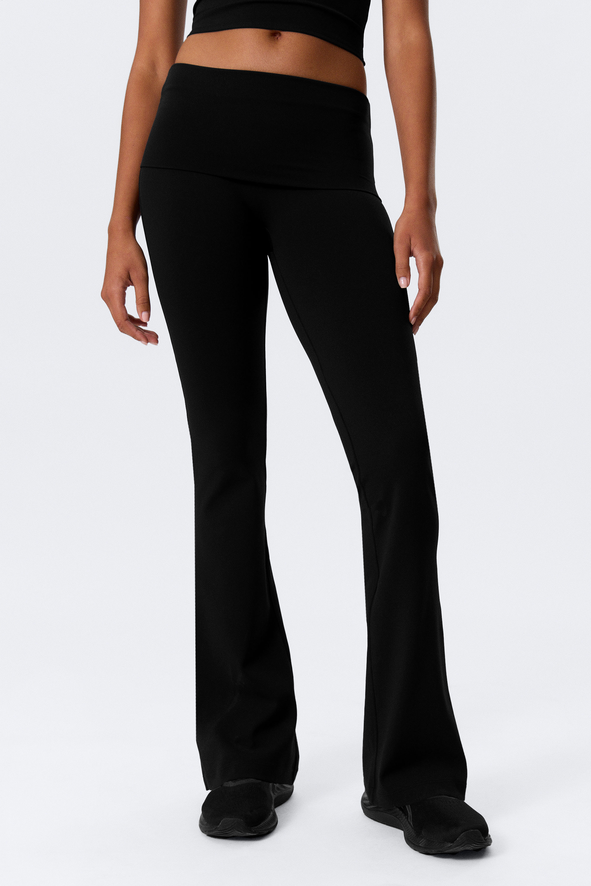 Black - Folded Waist Flared Yoga Tights - 2