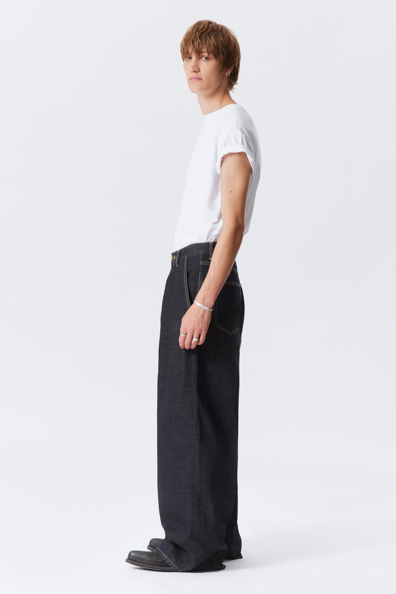 Pleated Loose Baggy Leg Jeans - Emerald Rinse - Dark Blue - 7