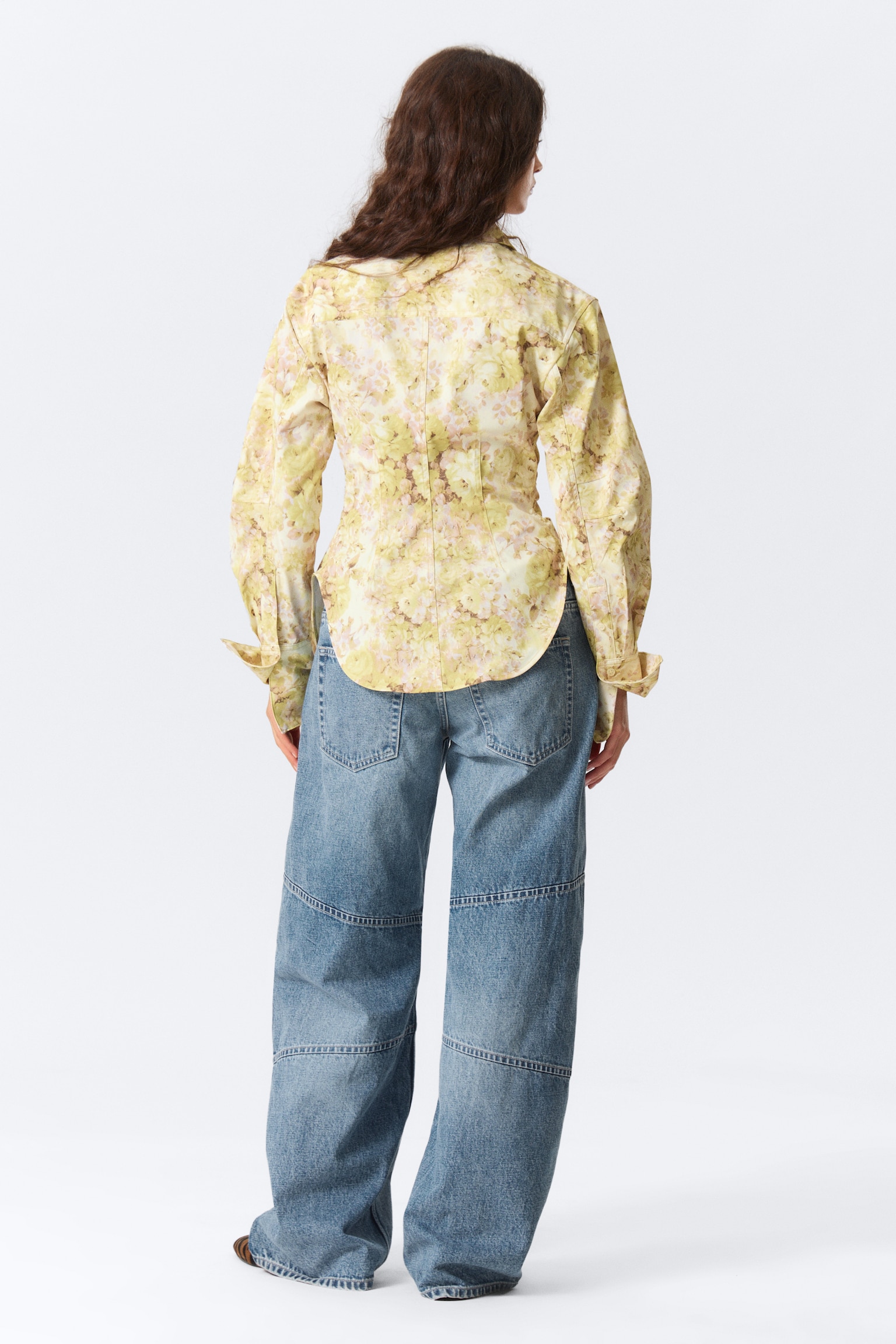 Fitted Ruched Waist Shirt - Yellow Floral Print/White - 4