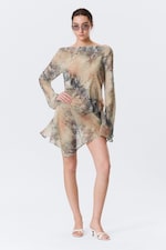 Beige - Snakeskin-patterned - Long-Sleeved Asymmetric Satin Mini Dress - 0