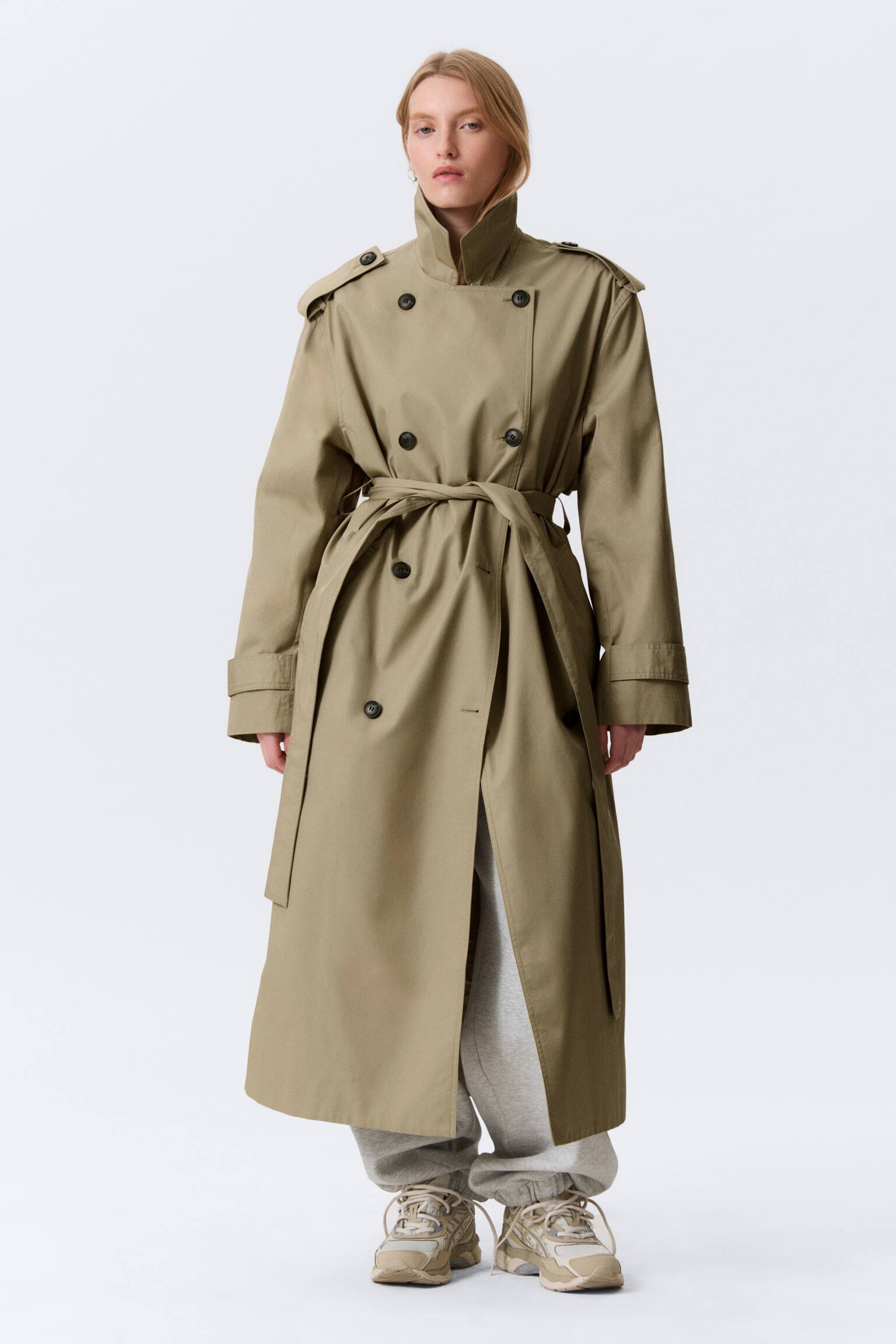 Oversized Double-Breasted Canvas Trench Coat - Beige/Dark Grey - 6