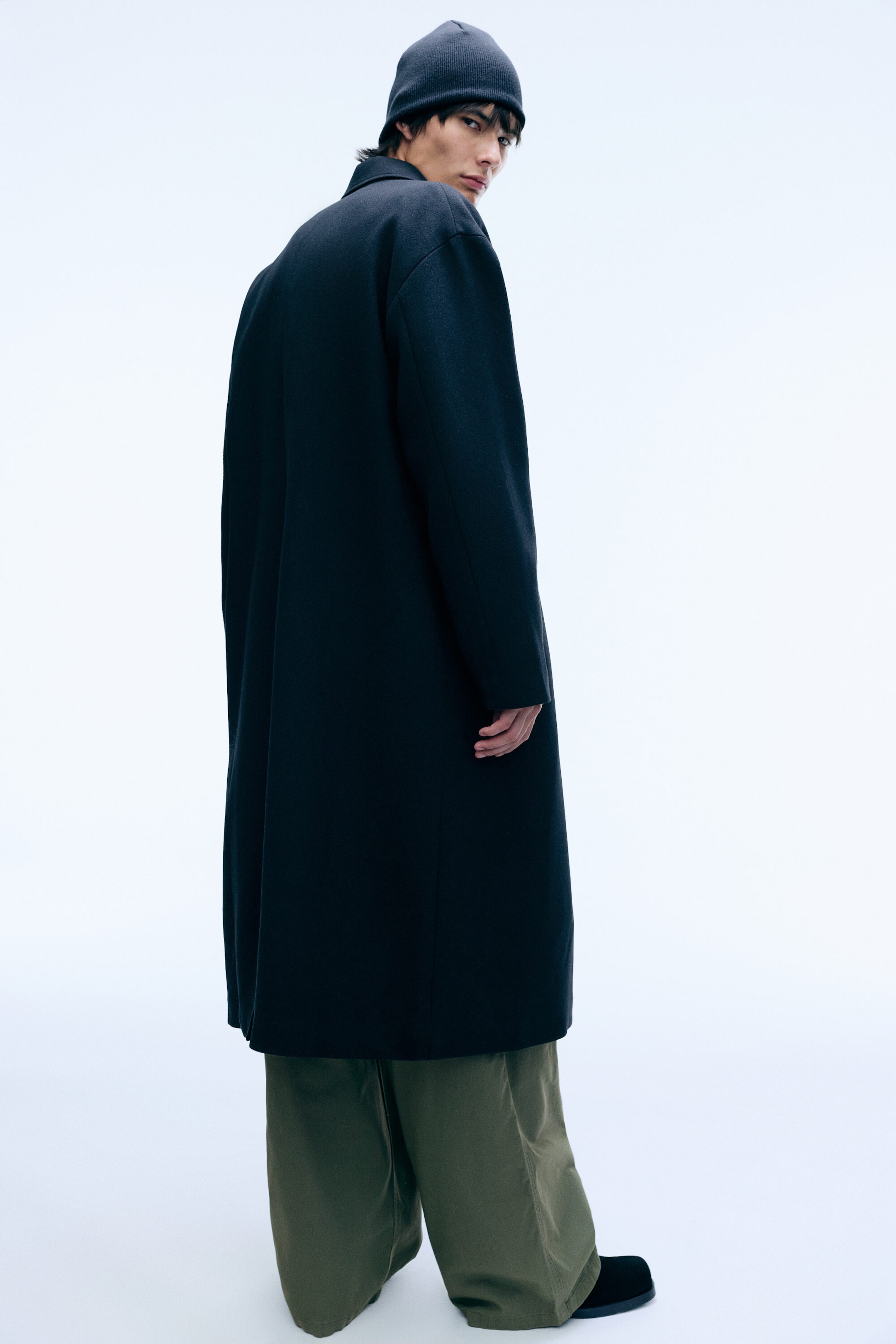 Black - Oversized Single-Breasted Wool Blend Coat - 3