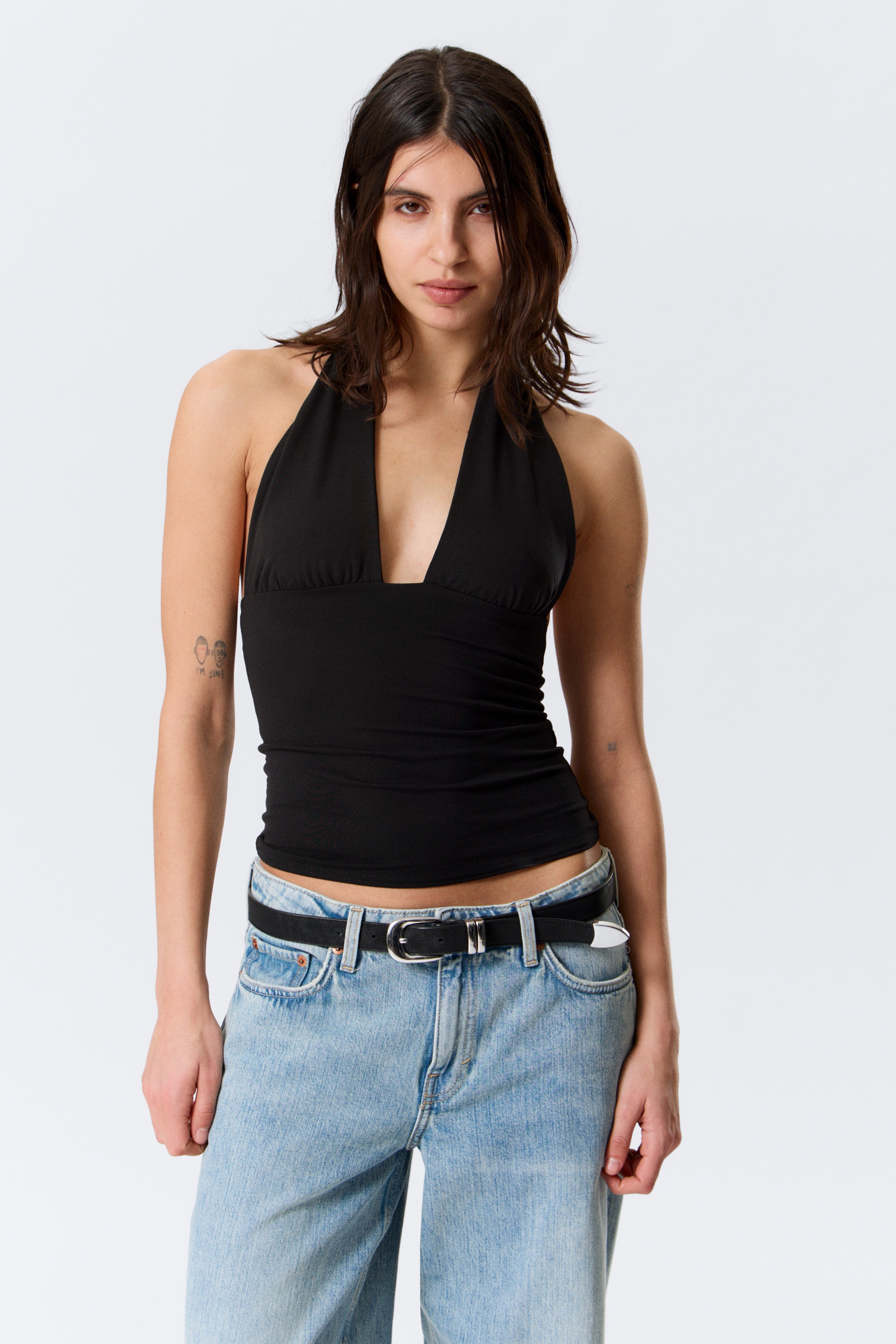 Top con profondo scollo all'americana - Nero/Righe talpa scuro e bianche/Blu scuro/Bianco