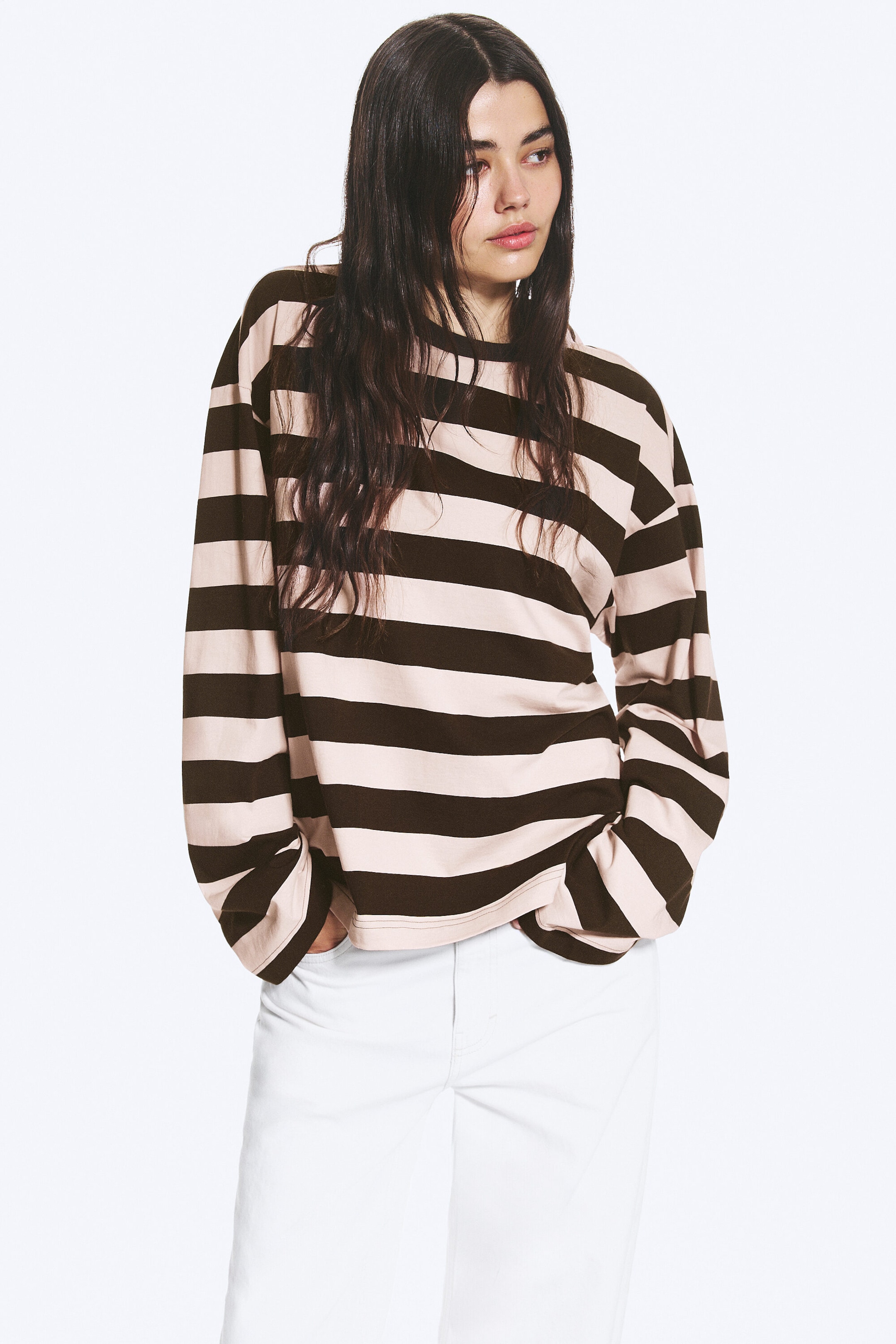 Striped Dark Brown/Dusty Pink - Långärmad bomulls-t-shirt - 1