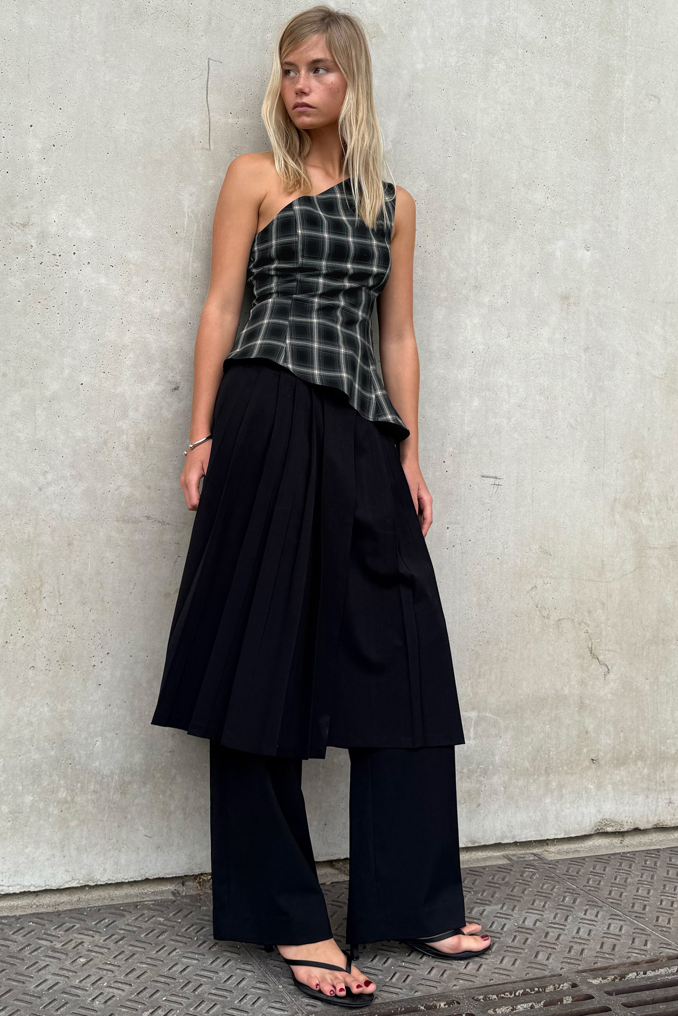 Checked Black - Asymmetric One-Shoulder Fitted Top - 1