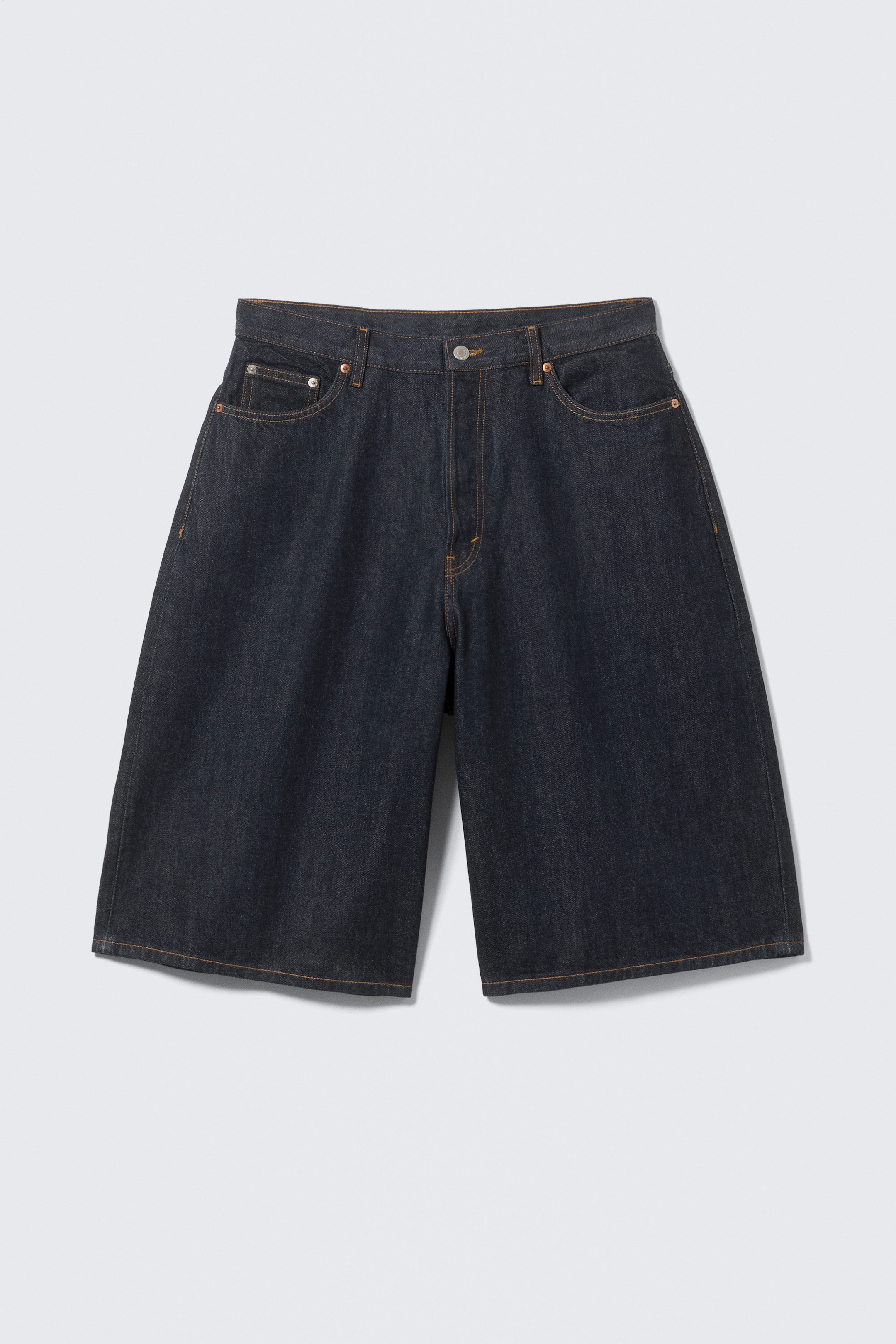 Blue Rinse - Dark Blue - Void Mid Rise Loose Long Denim Shorts - 4