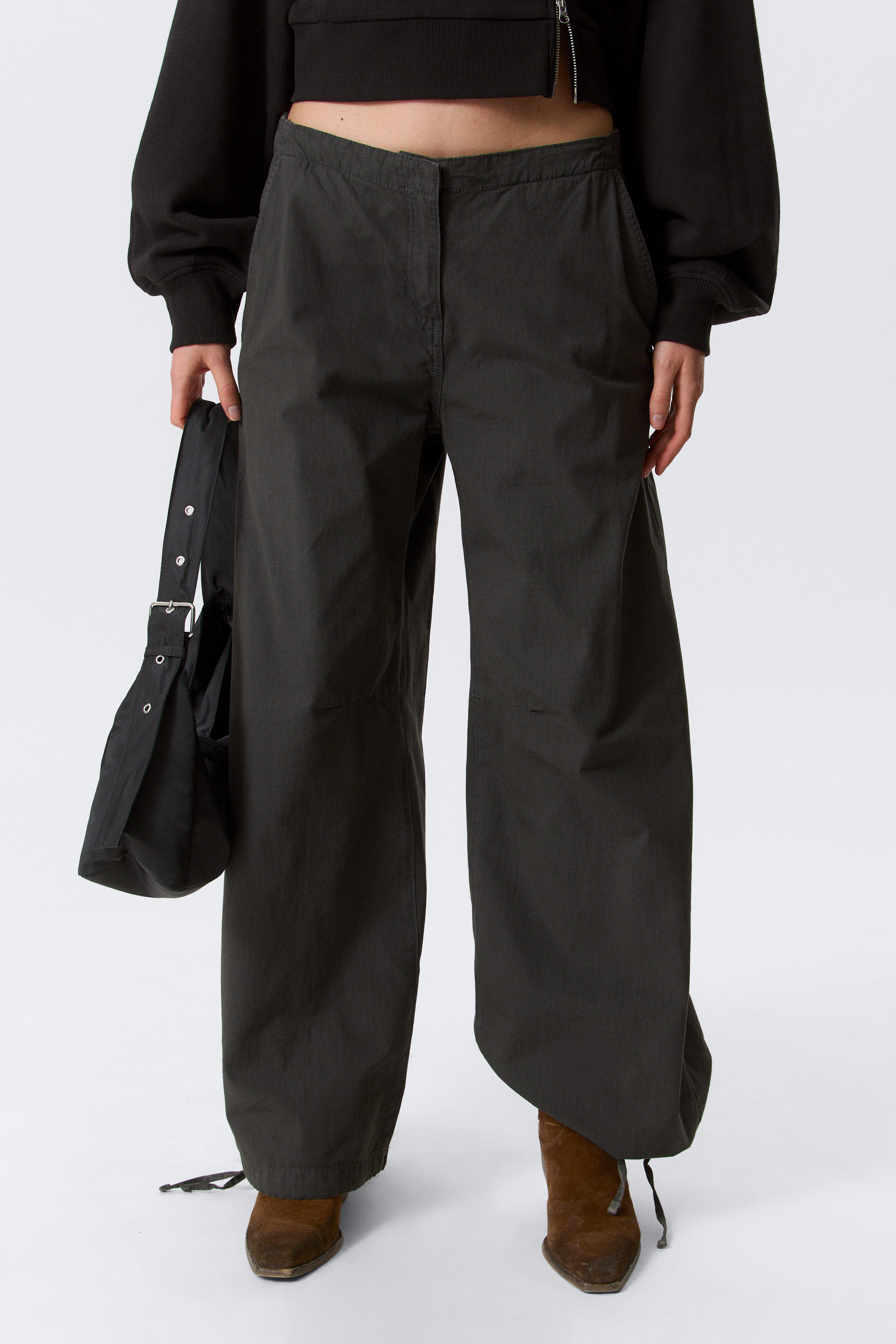 Dark Grey - Low Rise Baggy Ripstop Trousers - 2