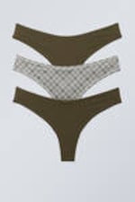 Dark Khaki Green/Checked Greige - 3-pack Soft Thongs - 0