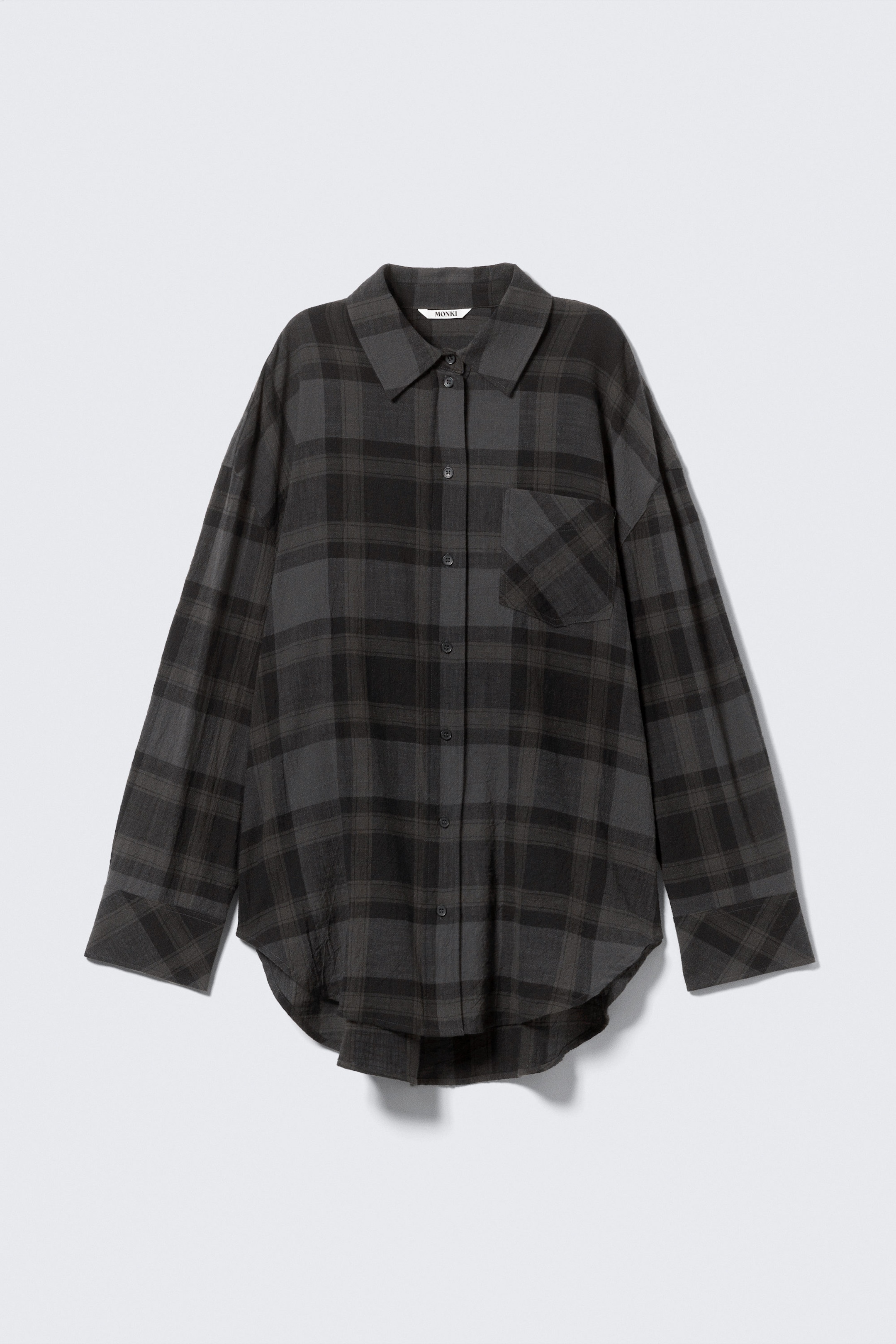 Checked Dark Grey - Oversized Long-Sleeved Cotton Shirt - 0
