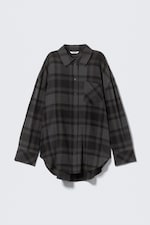 Checked Dark Grey - Oversized Long-Sleeved Cotton Shirt - 0