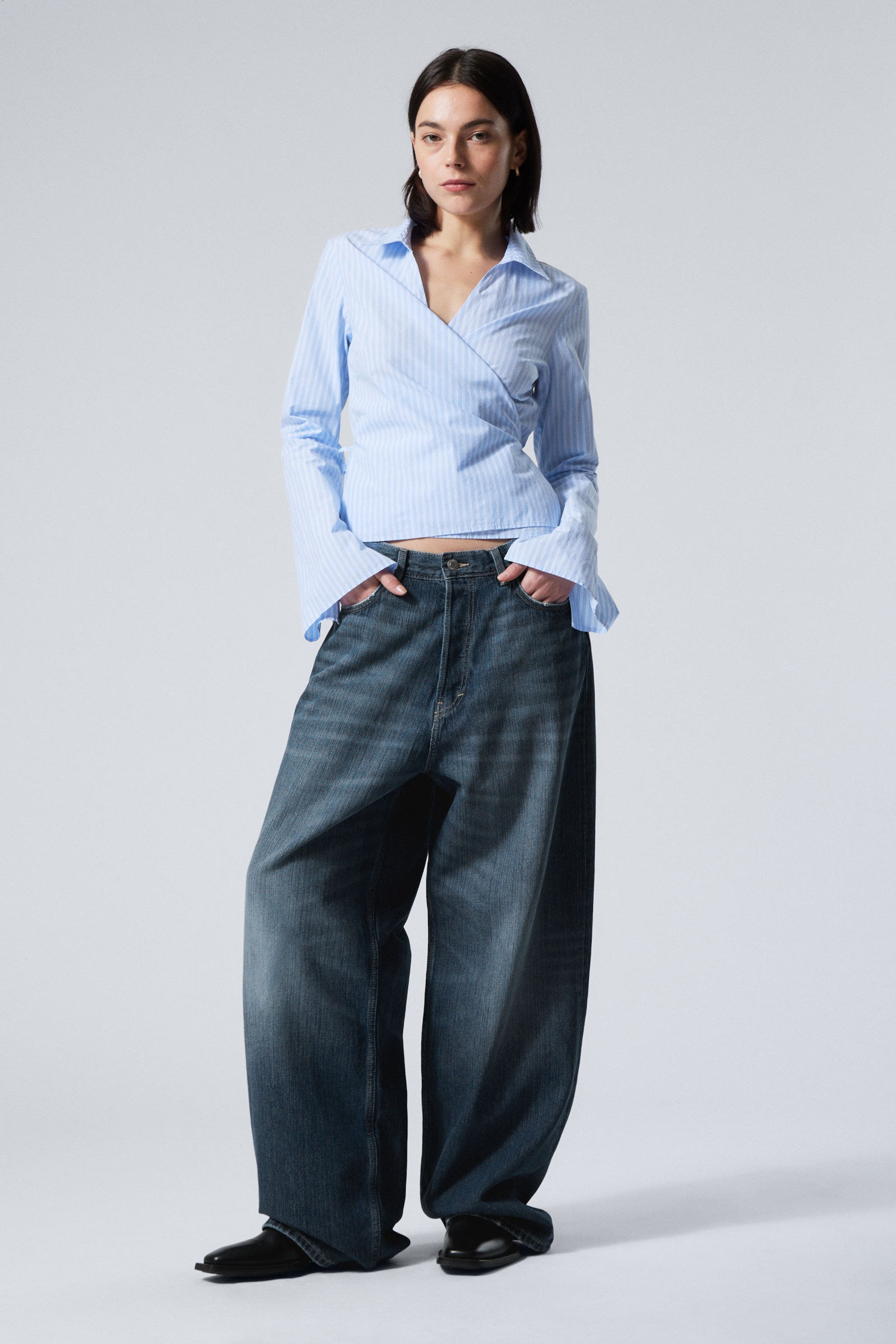 Striped Blue - Long-Sleeved Wrap Poplin Shirt - 2