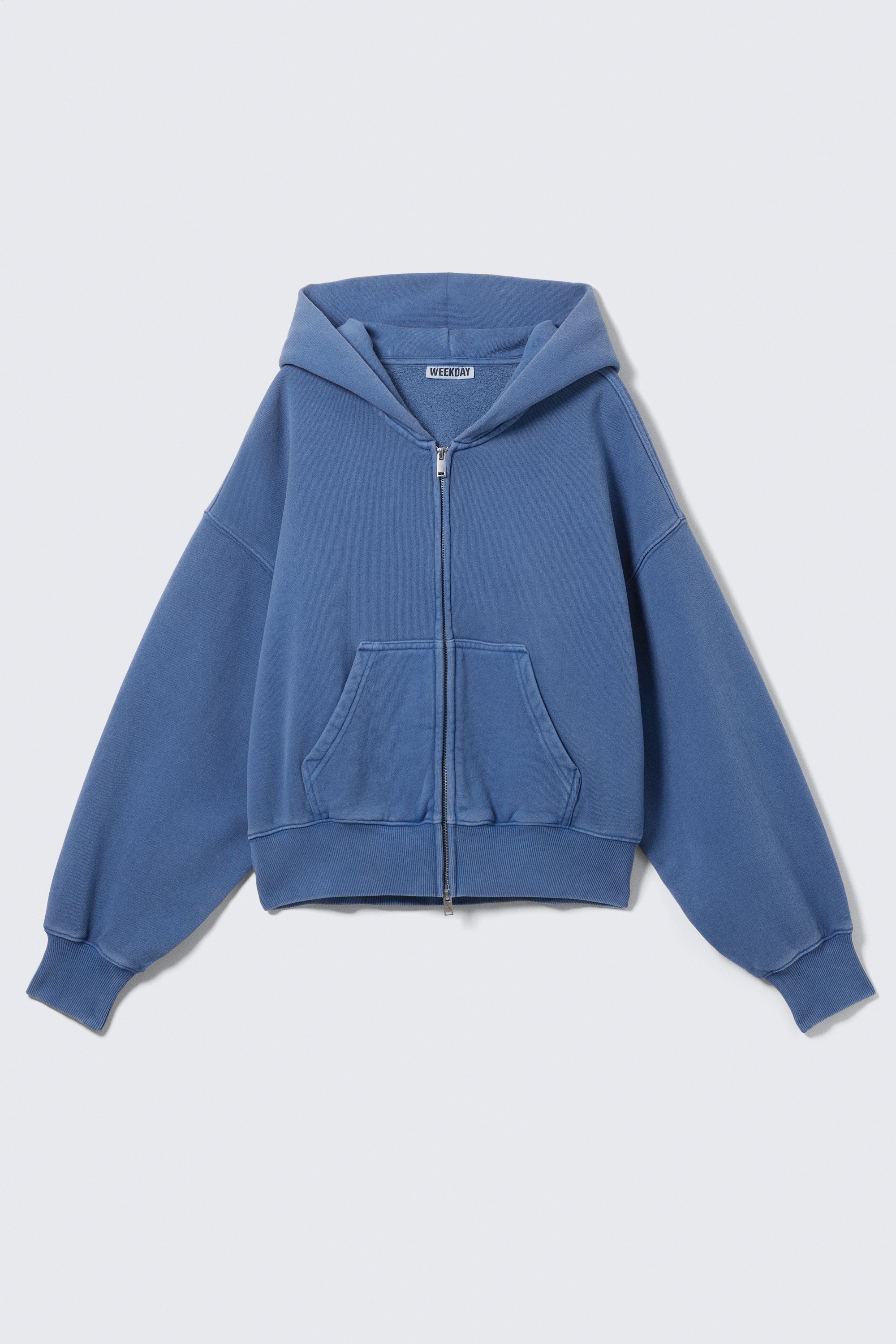 Kurzer Boxy-Hoodie mit Reißverschluss - Gewaschenes Blau/Grau meliert