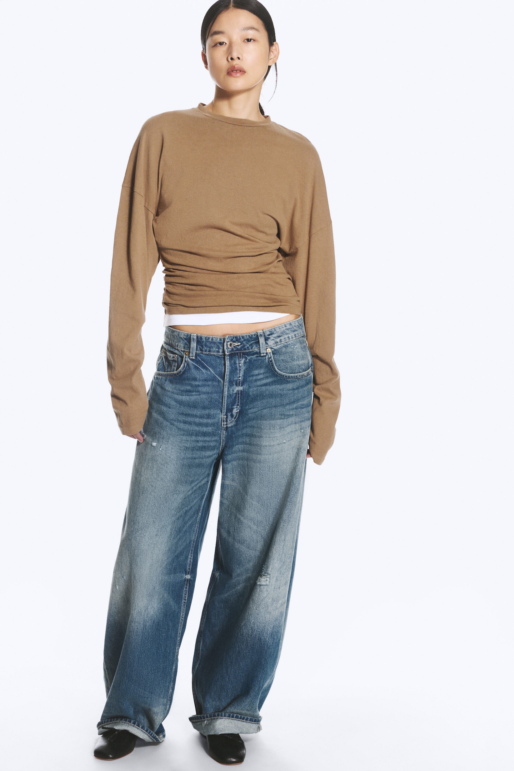 Dark Beige - Pleated Long-Sleeved Top - 2
