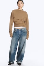 Dark Beige - Pleated Long-Sleeved Top - 2