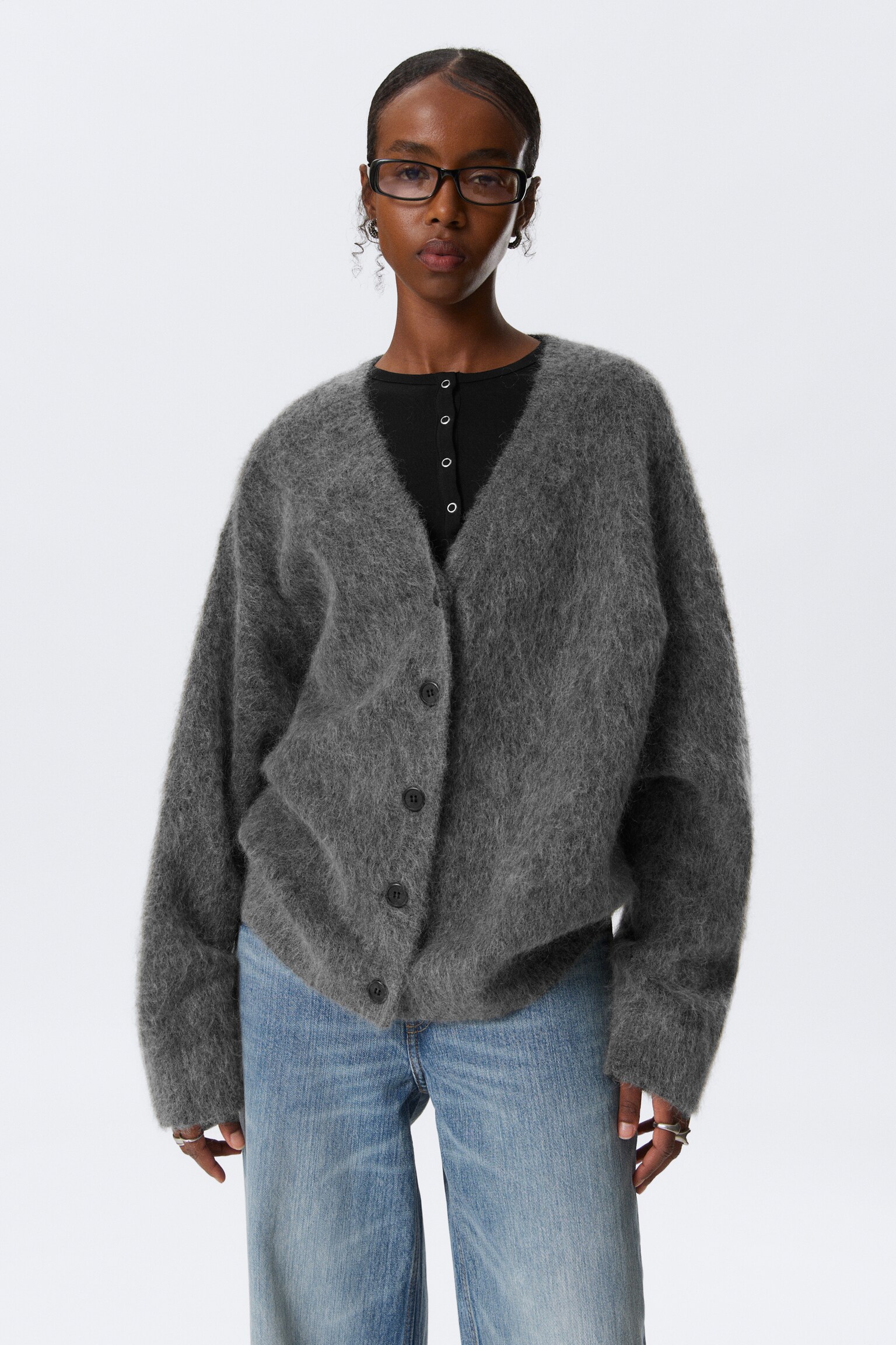 Weiter Cardigan mit V-Ausschnitt aus Mohair-Mix - Dunkelgrau/Dunkelgrün