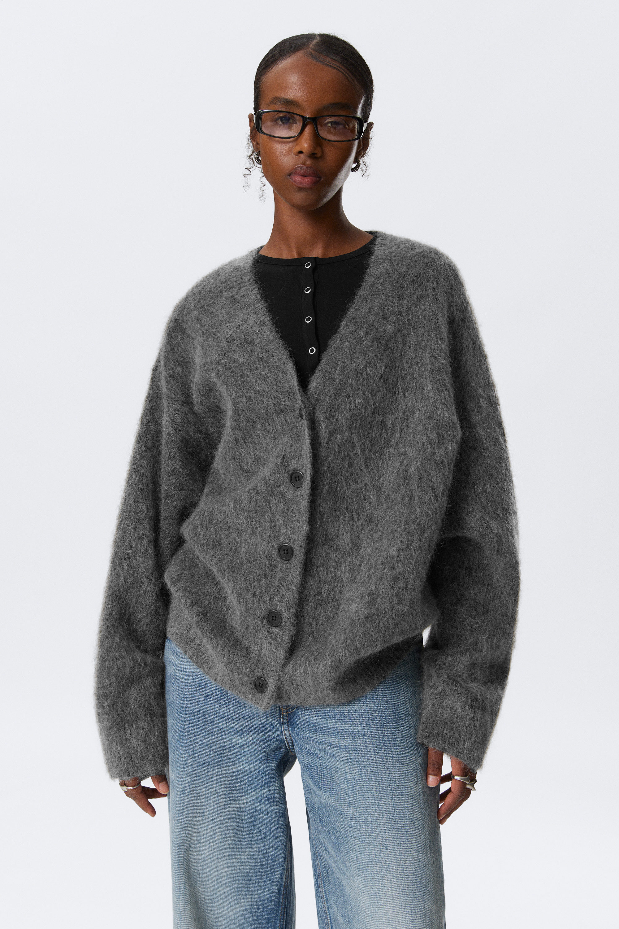 Mörkgrå - Mohairmix cardigan med lös passform och V-ringning - 1