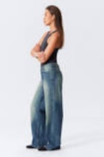 Gasoline Blue - Medium Blue - Ample Low Rise Loose Wide Leg Jeans - 2