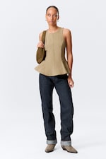Beige - Fitted Nylon Peplum Top - 1