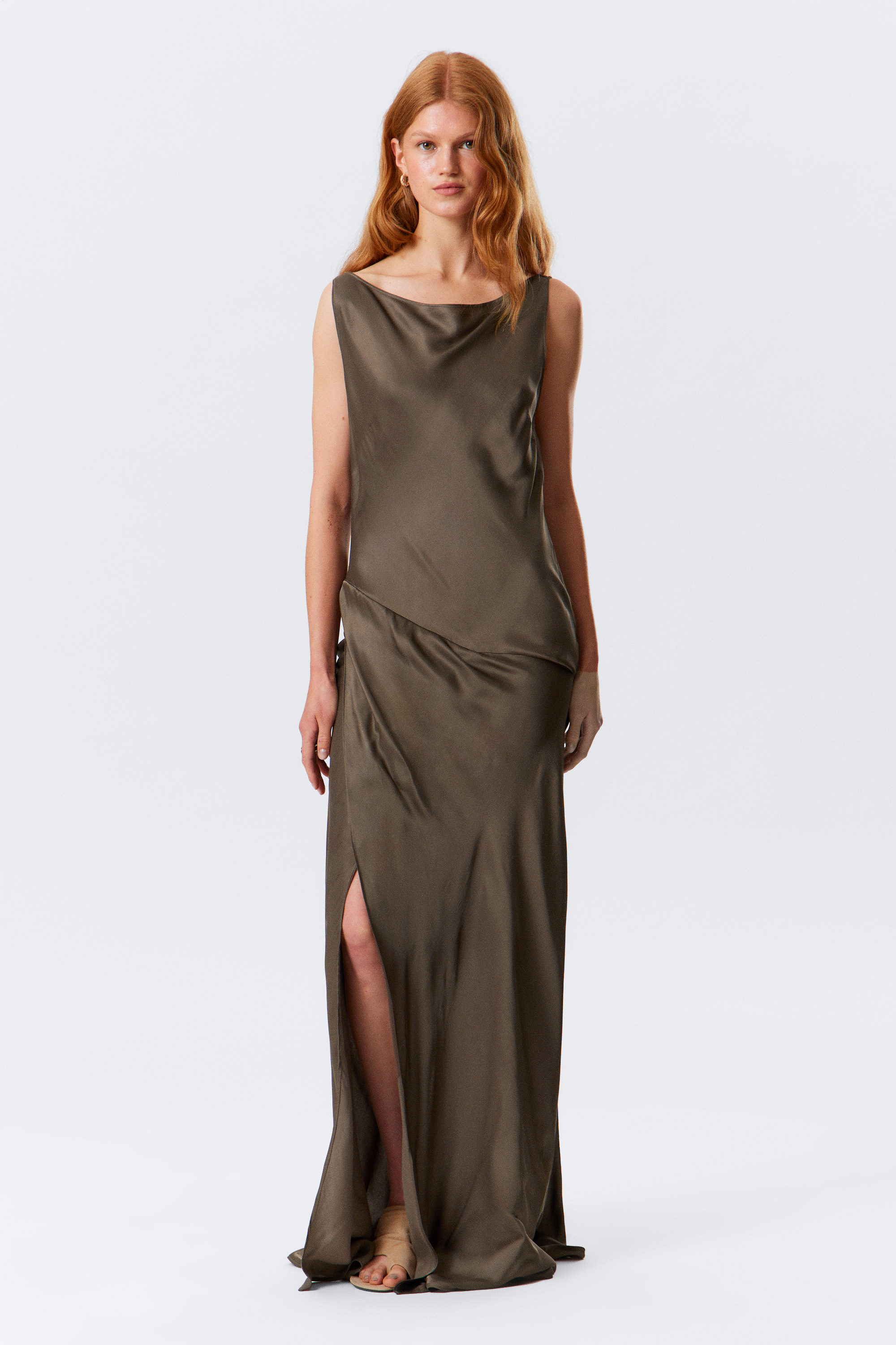 Dark Mole - Satin Boat-Neck Maxi Dress - 1