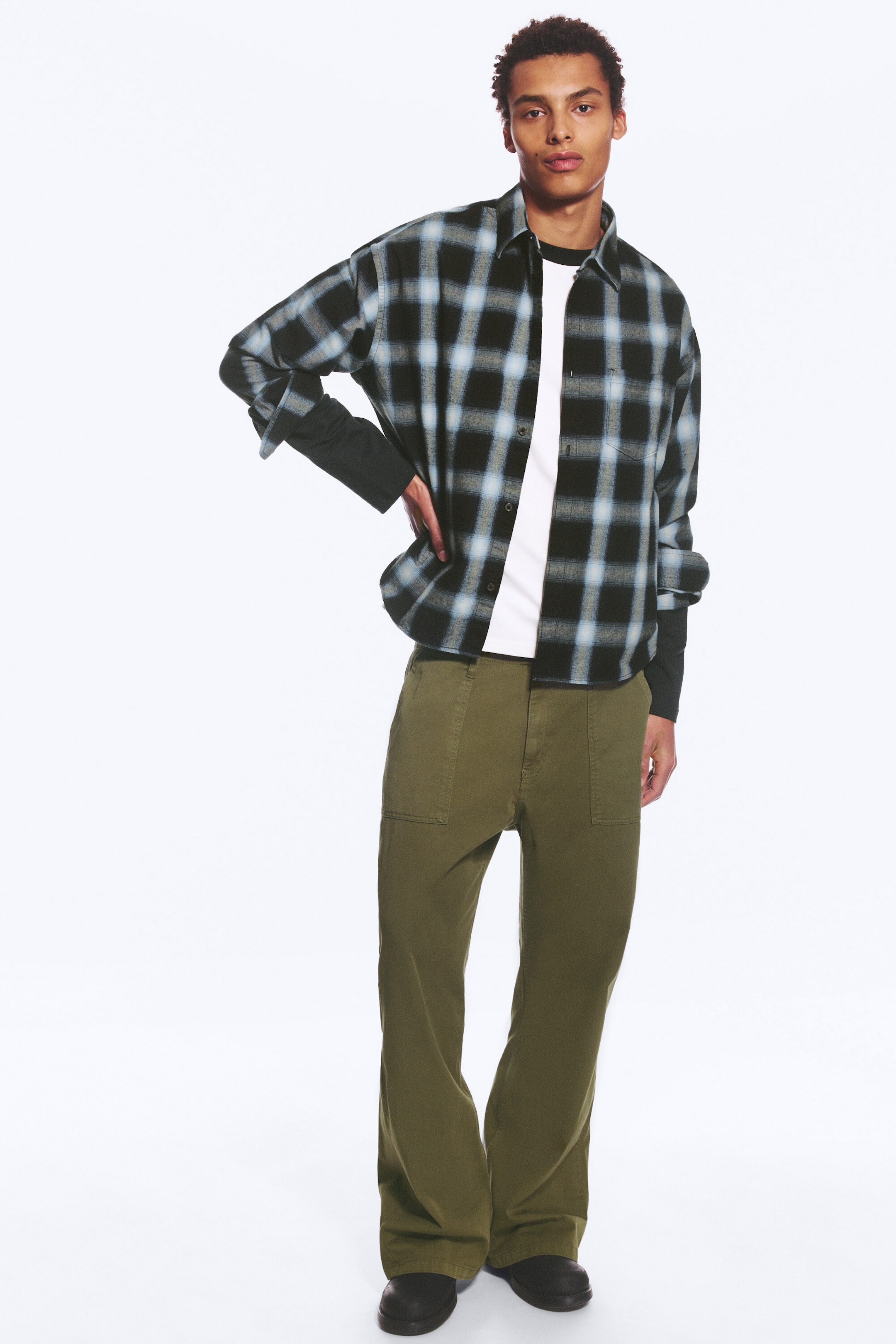 Navy/Grey Check - Loose Boxy Flannel Shirt - 5