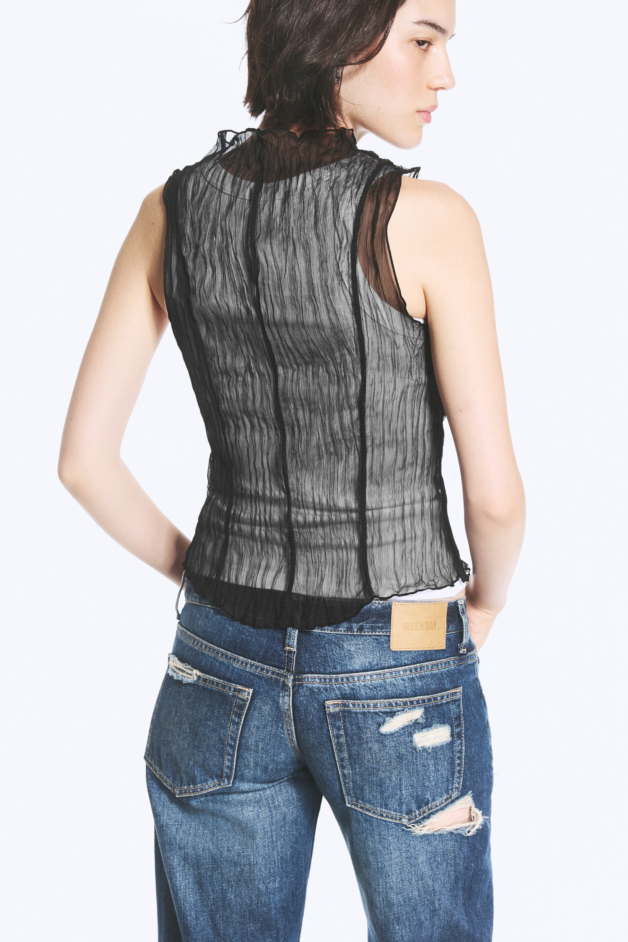 Black - Sheer Crinkled Sleeveless Top - 2
