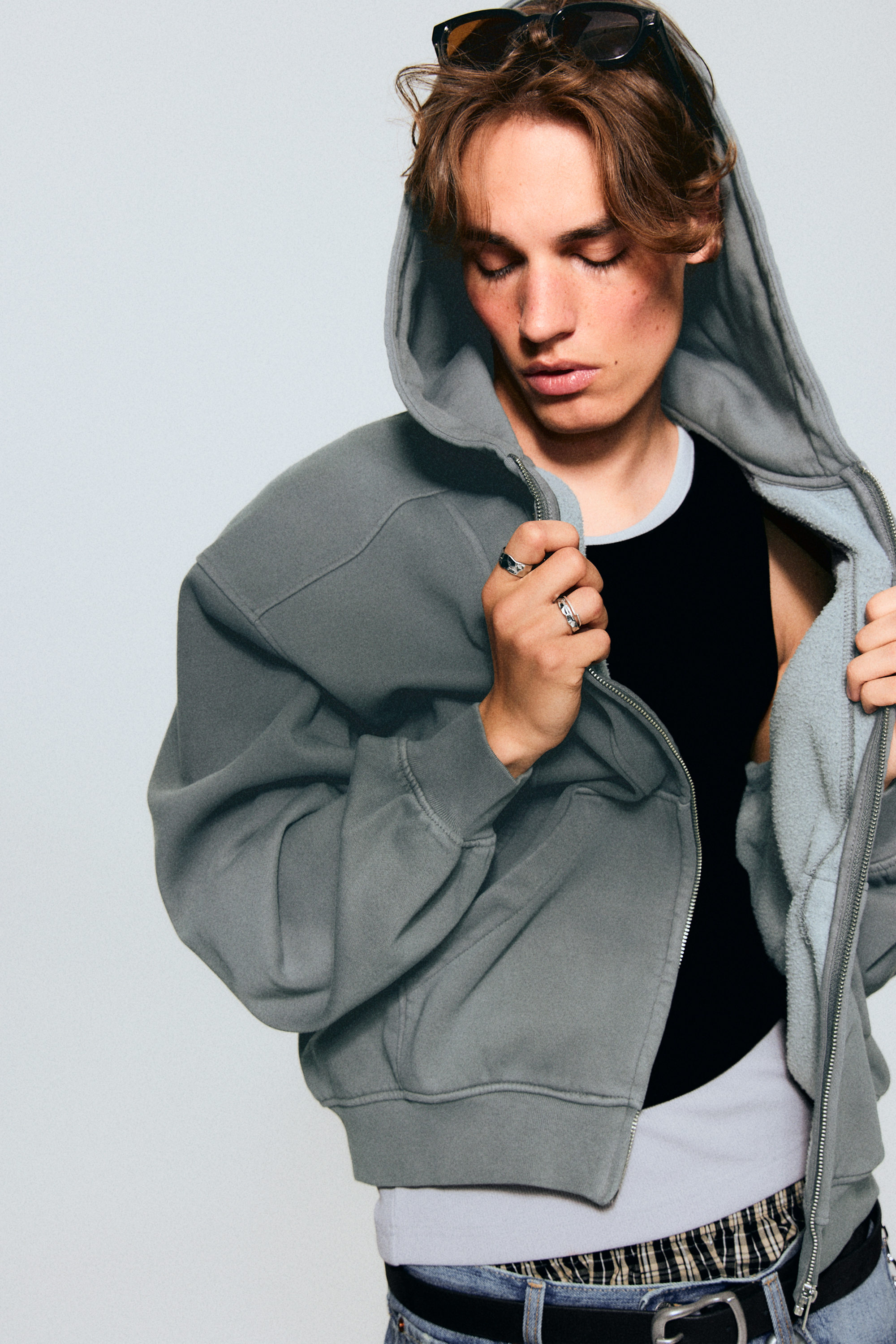 Grey - Loose Fit Blocked Zip Hoodie - 1