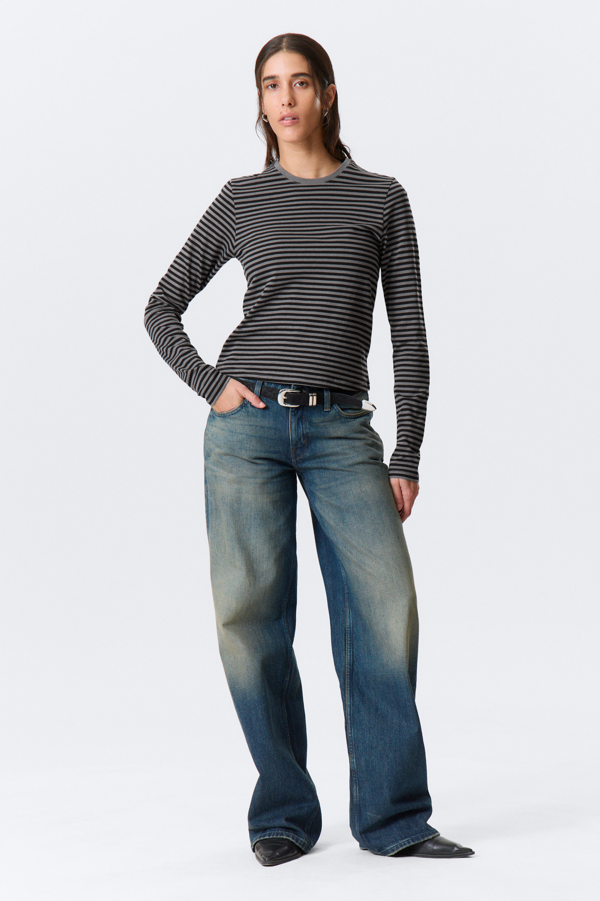 Black & Grey Stripes - Slim Long-Sleeved Cotton Top - 2