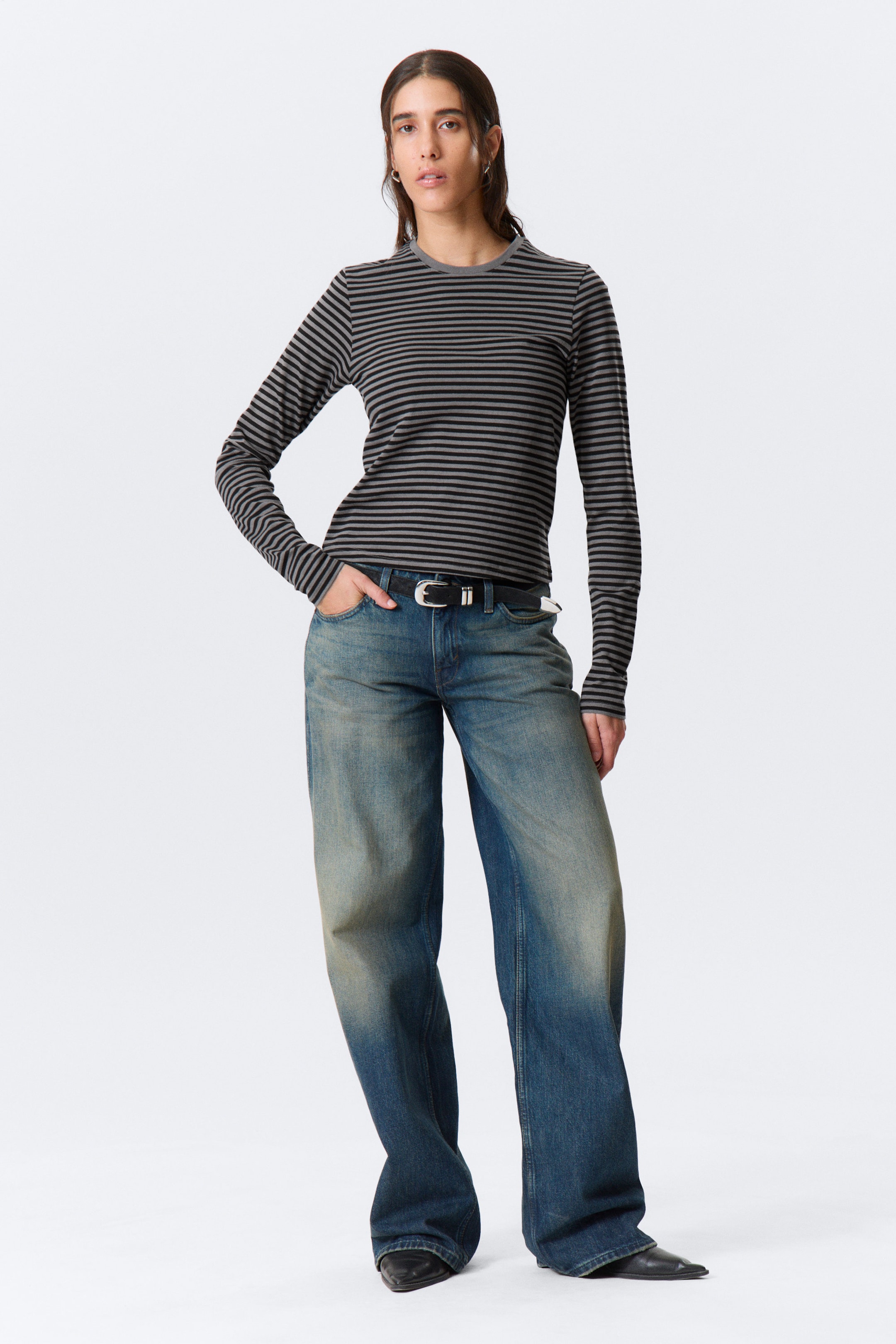 Black & Grey Stripes - Slim Long-Sleeved Cotton Top - 2