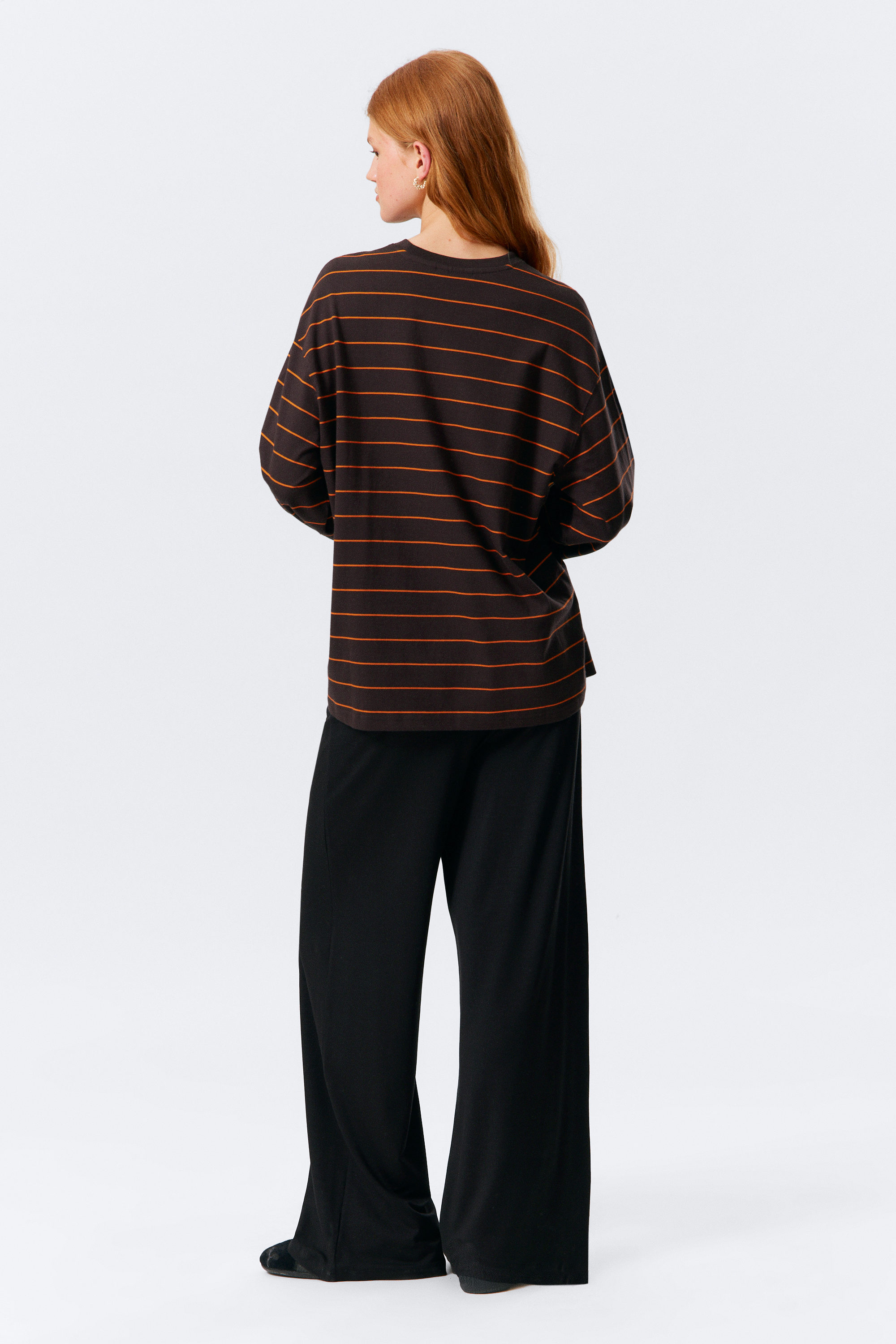 Striped Dark Brown - Long-Sleeved Boxy Cotton T-shirt - 2
