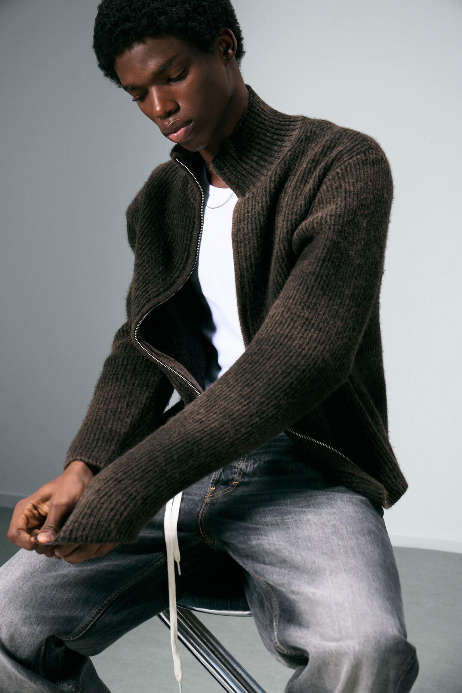 Cardigan zippé en maille de laine mélangée - Marron foncé chiné - 4