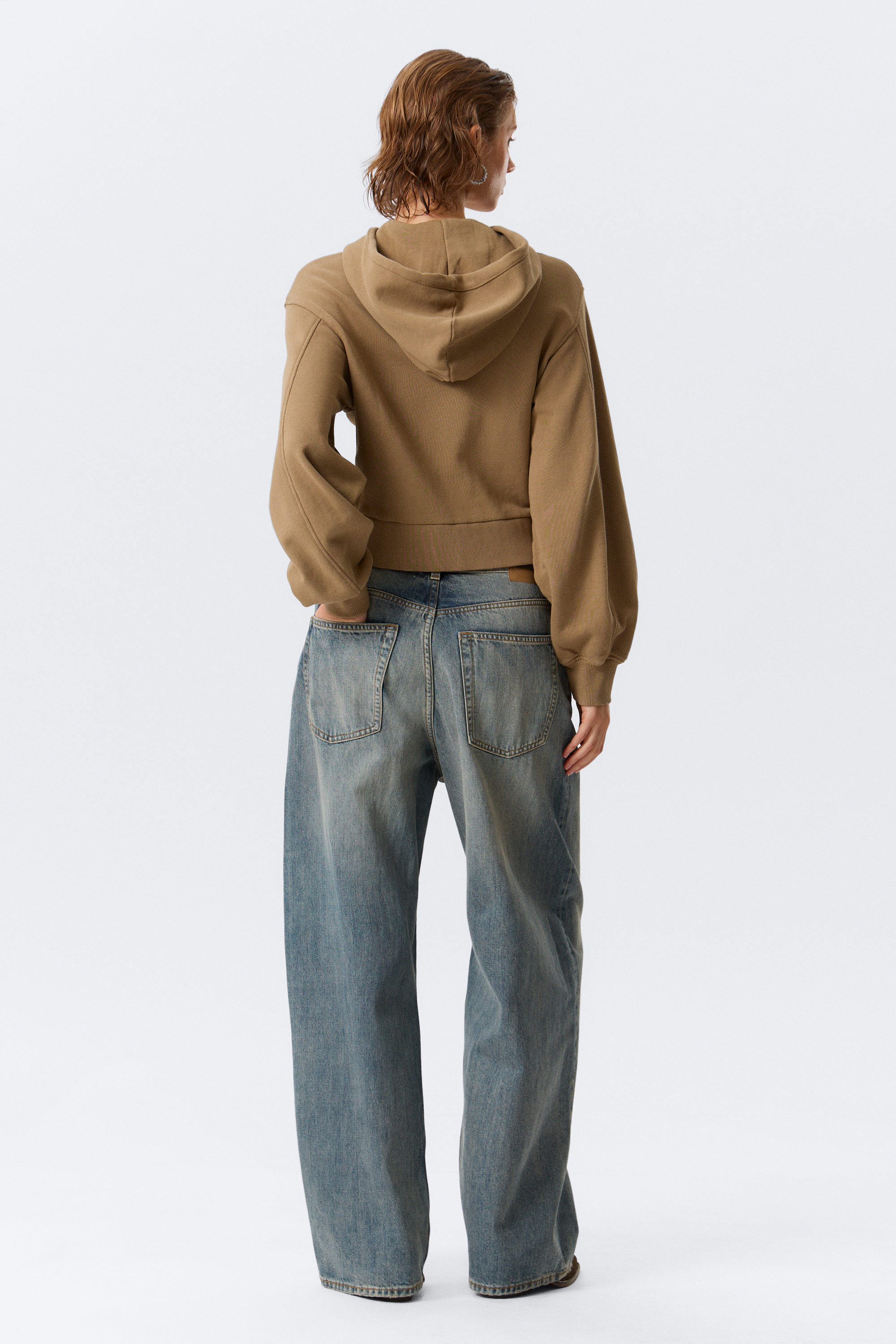 Gewaschenes Dunkelbeige - Cropped Hoodie mit asymmetrischem Reißverschluss - 3